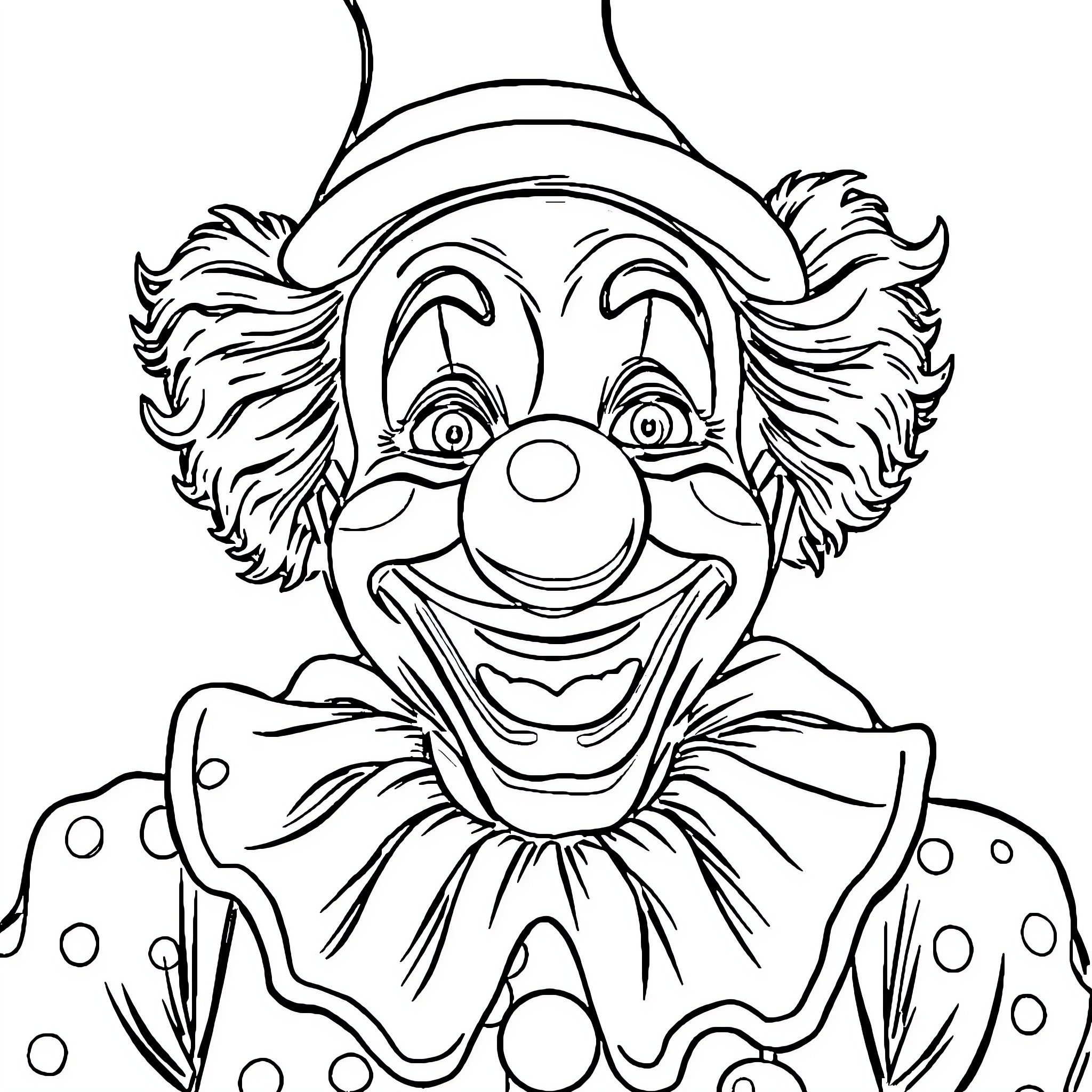 Clown with Whimsical Expression and Festive Attire Coloring Page (free black-and-white line drawing printable PDF for all, from beginners to advanced learners, including children, teens, adults, and seniors)