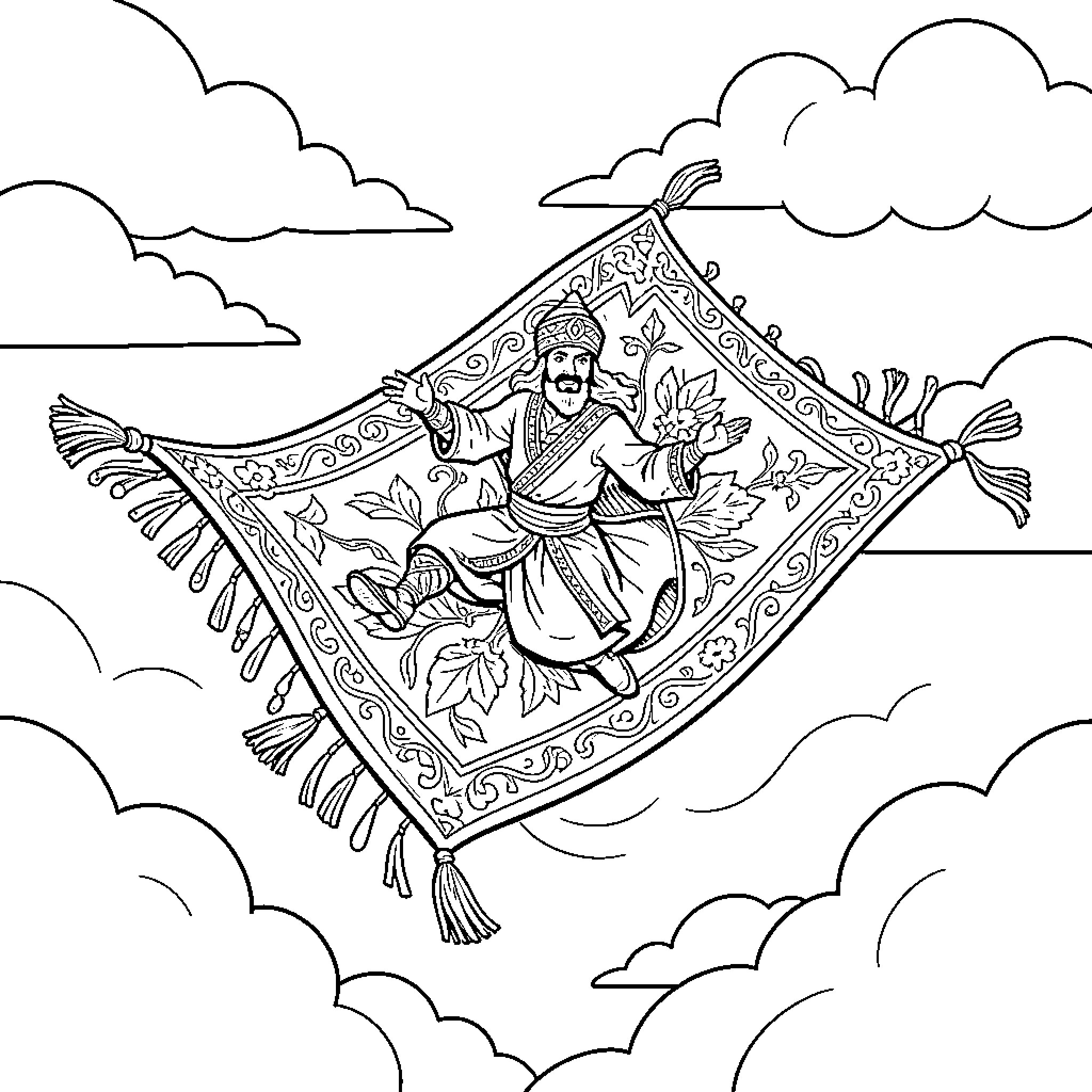 Sinbad riding a flying magic carpet through the clouds Coloring Page (free black-and-white line drawing printable PDF for all, from beginners to advanced learners, including children, teens, adults, and seniors)