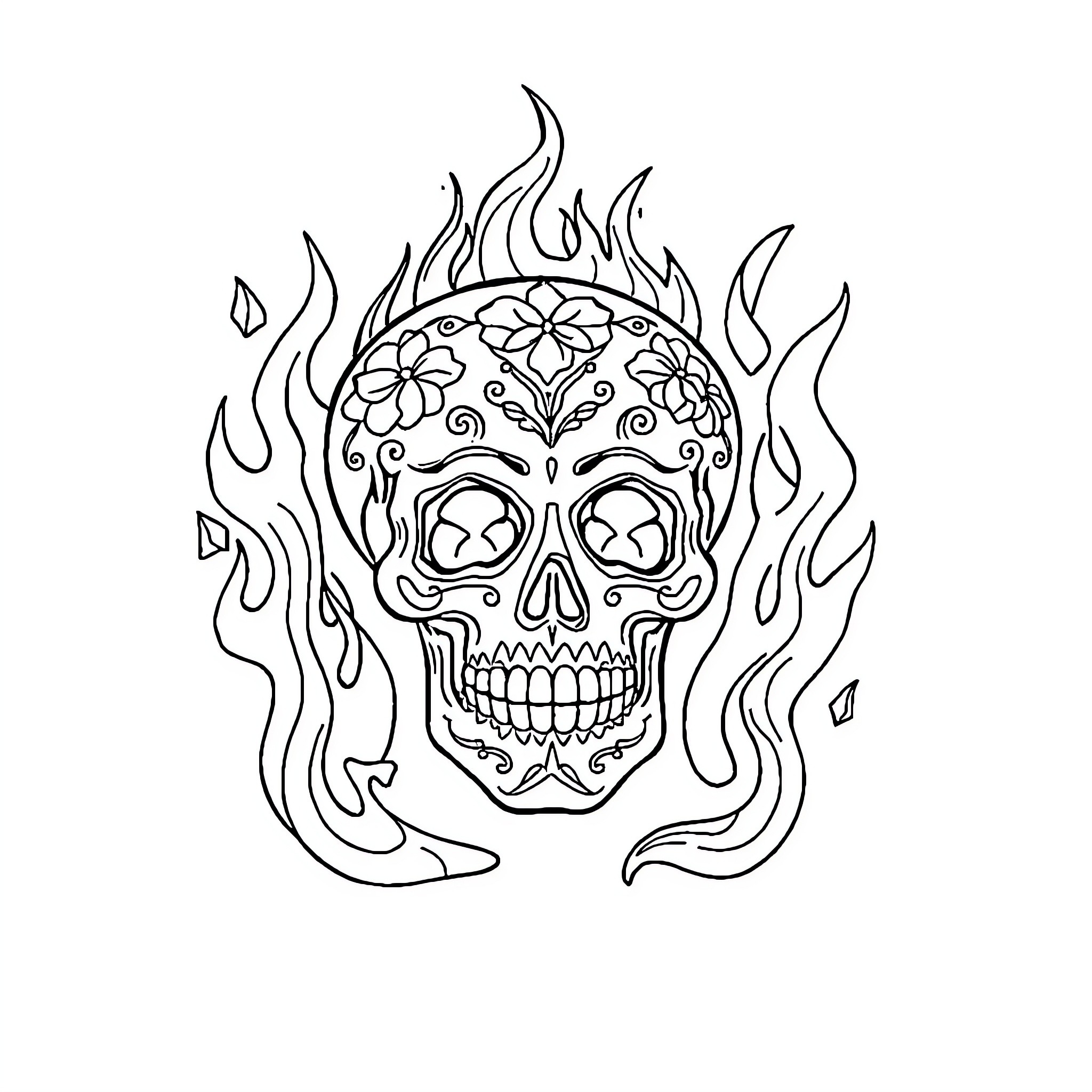 Calavera skull with floral ornaments and flames Coloring Page (free black-and-white line drawing printable PDF for all, from beginners to advanced learners, including children, teens, adults, and seniors)