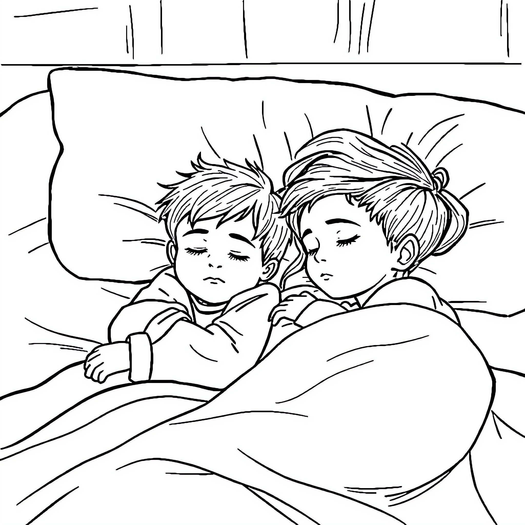 Boys sleeping peacefully in bed Coloring Page (free black-and-white line drawing printable PDF for all, from beginners to advanced learners, including children, teens, adults, and seniors)