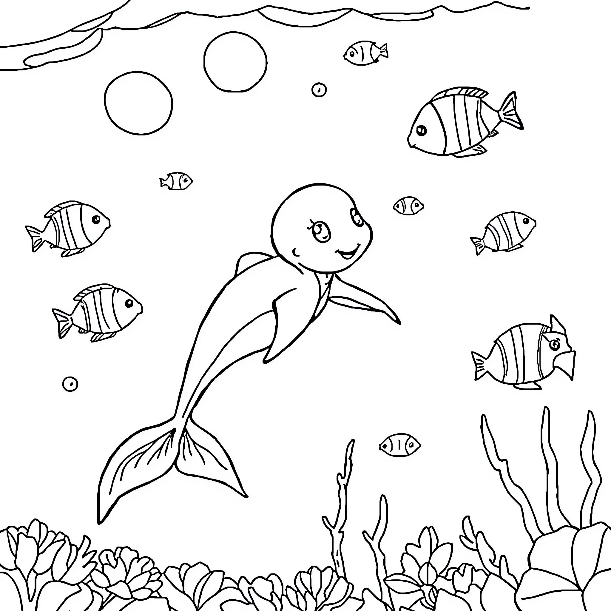Mermaid joyfully swims among vibrant marine life Coloring Page (free black-and-white line drawing printable PDF for all, from beginners to advanced learners, including children, teens, adults, and seniors)