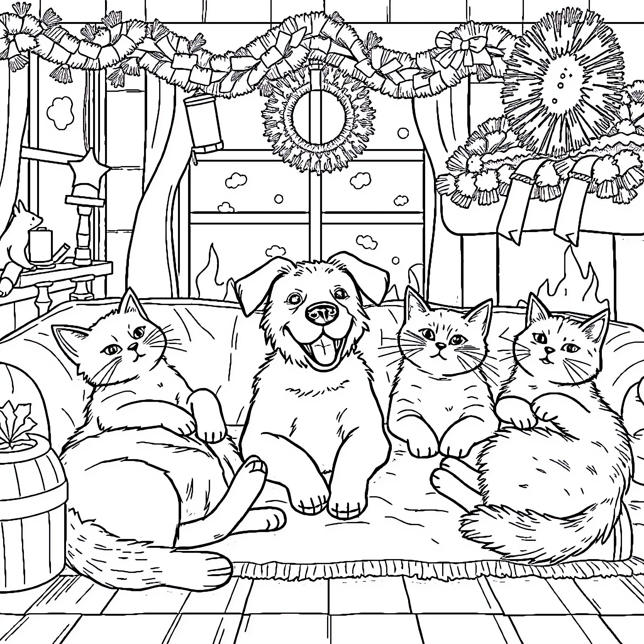 Dog and Kittens Relaxing Together Coloring Page (free black-and-white line drawing printable PDF for all, from beginners to advanced learners, including children, teens, adults, and seniors)