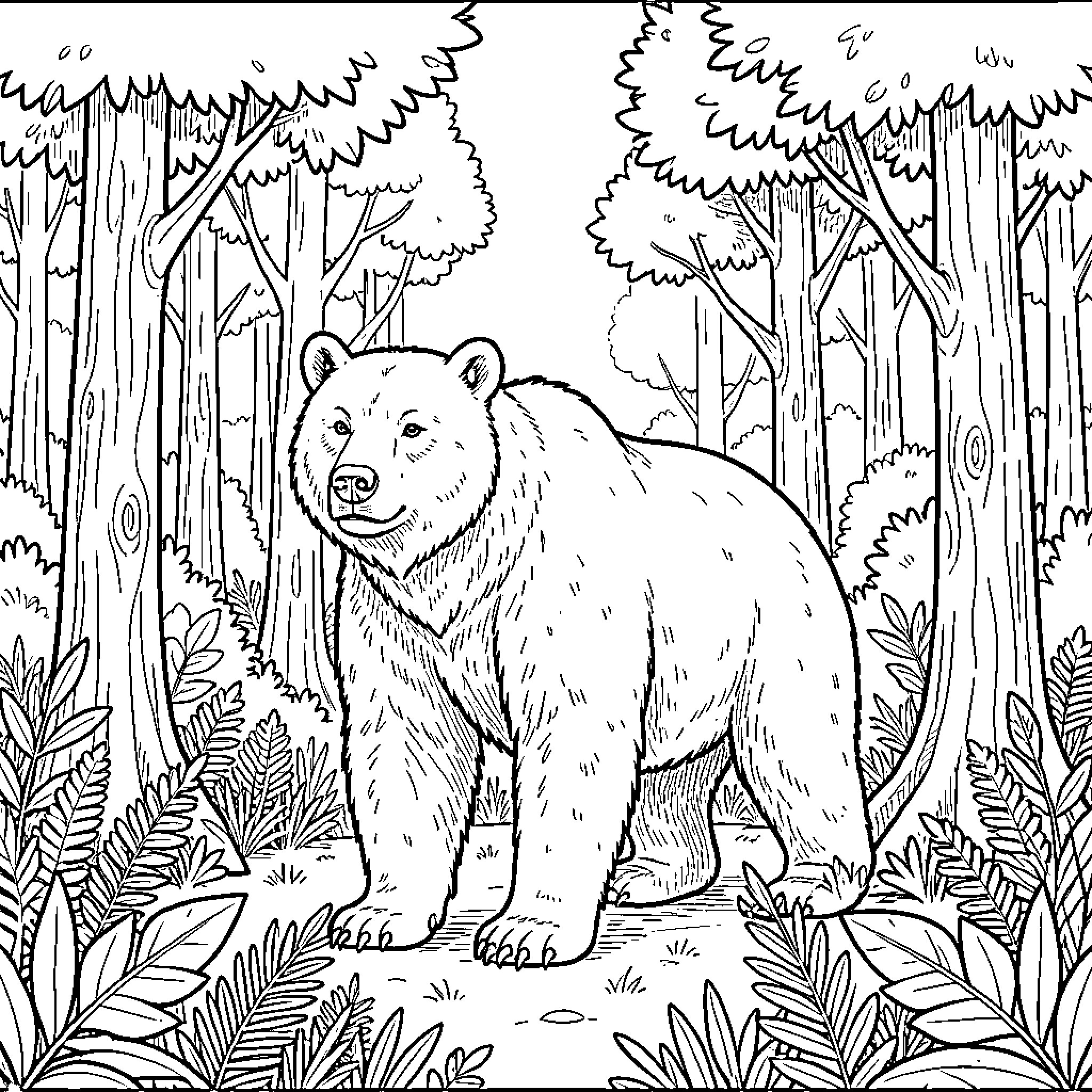 Bear exploring the forest landscape Coloring Page (free black-and-white line drawing printable PDF for all, from beginners to advanced learners, including children, teens, adults, and seniors)