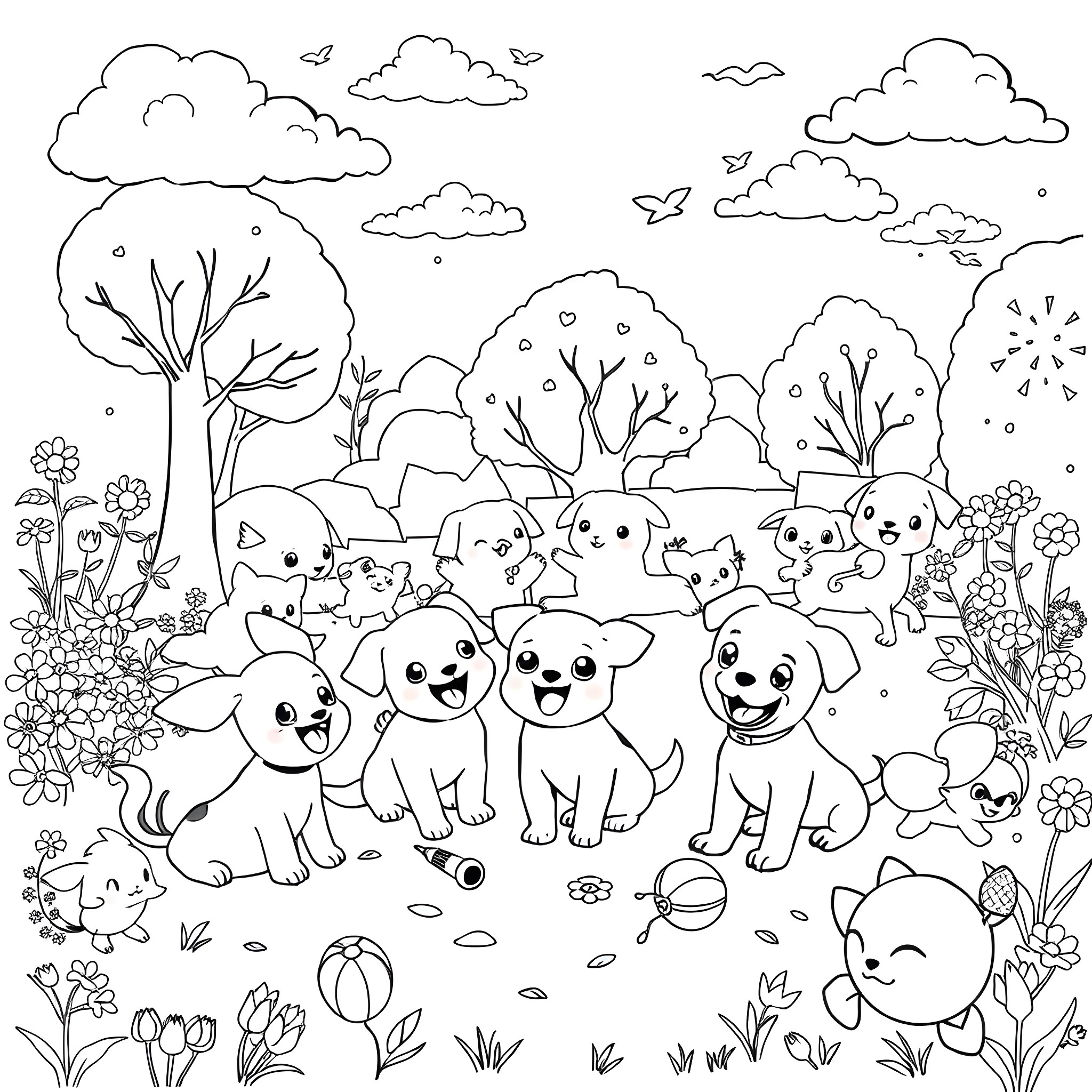 Dog friends playing happily in the park Coloring Page (free black-and-white line drawing printable PDF for all, from beginners to advanced learners, including children, teens, adults, and seniors)