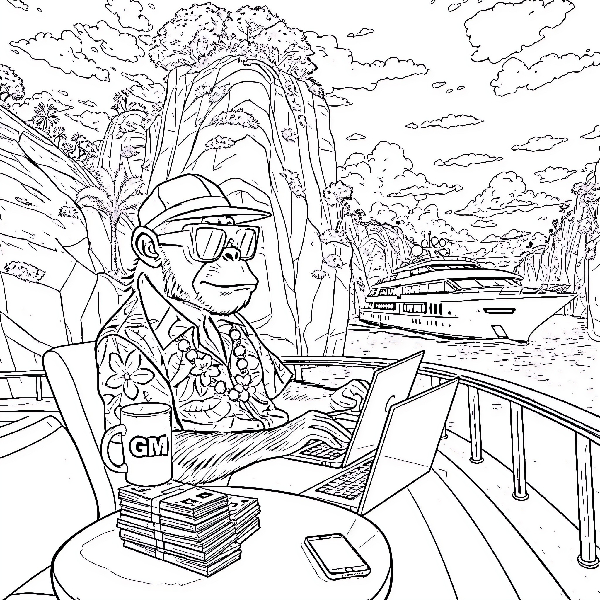 Ape enjoying nature's beauty with modern technology Coloring Page (free black-and-white line drawing printable PDF for all, from beginners to advanced learners, including children, teens, adults, and seniors)