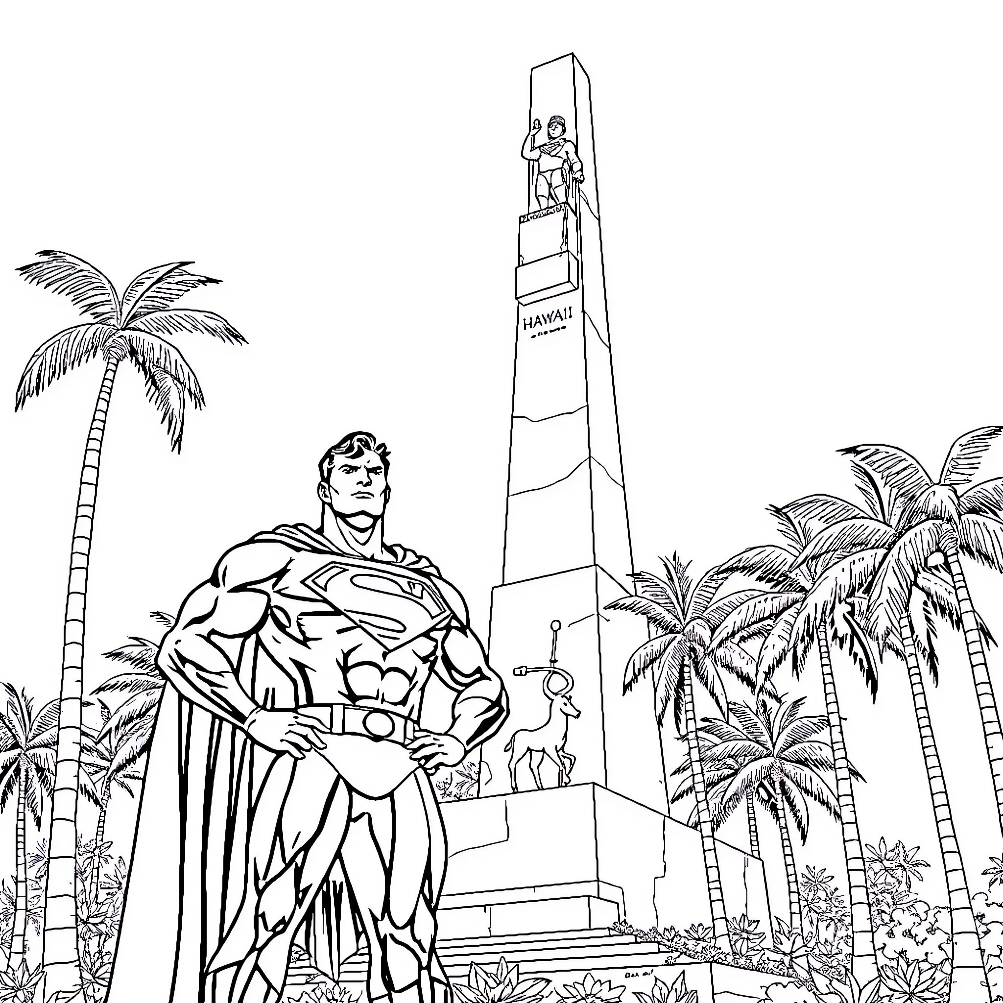 Superman stands tall in tropical paradise Coloring Page (free black-and-white line drawing printable PDF for all, from beginners to advanced learners, including children, teens, adults, and seniors)