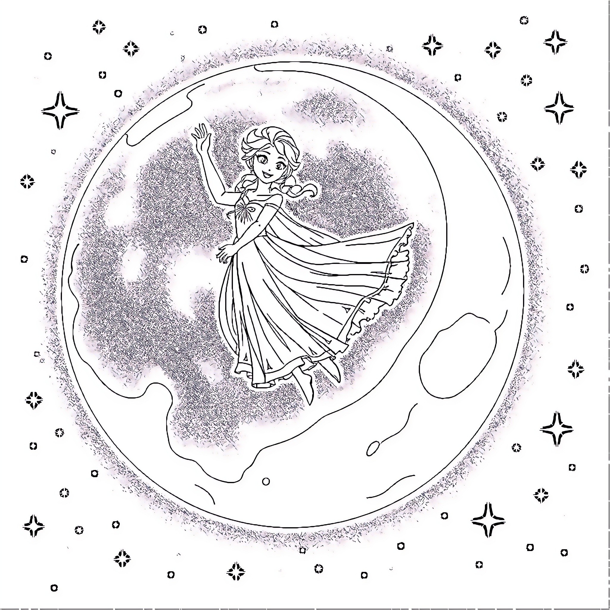 Elsa dancing gracefully under the starry night sky Coloring Page (free black-and-white line drawing printable PDF for all, from beginners to advanced learners, including children, teens, adults, and seniors)