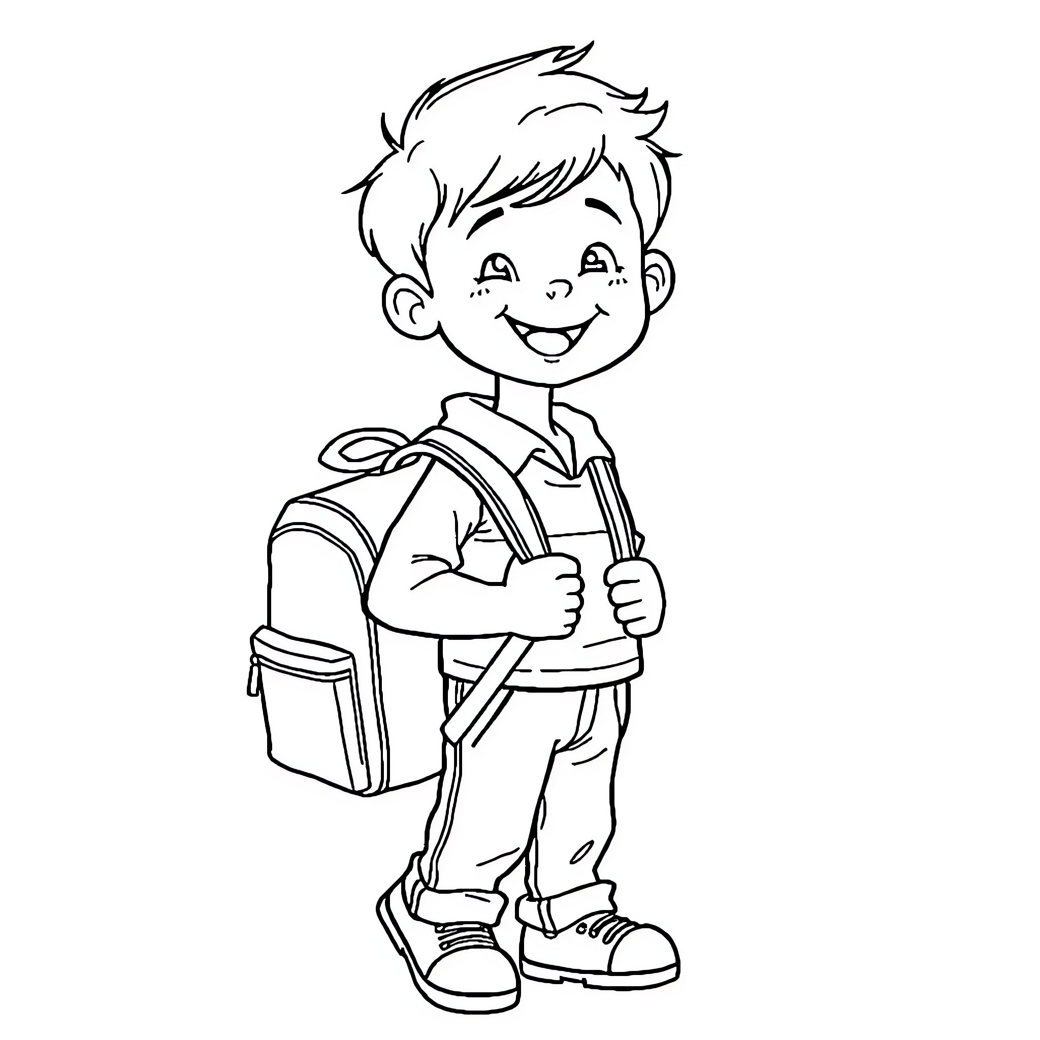 Boy cheerfully walking to school with backpack Coloring Page (free black-and-white line drawing printable PDF for all, from beginners to advanced learners, including children, teens, adults, and seniors)