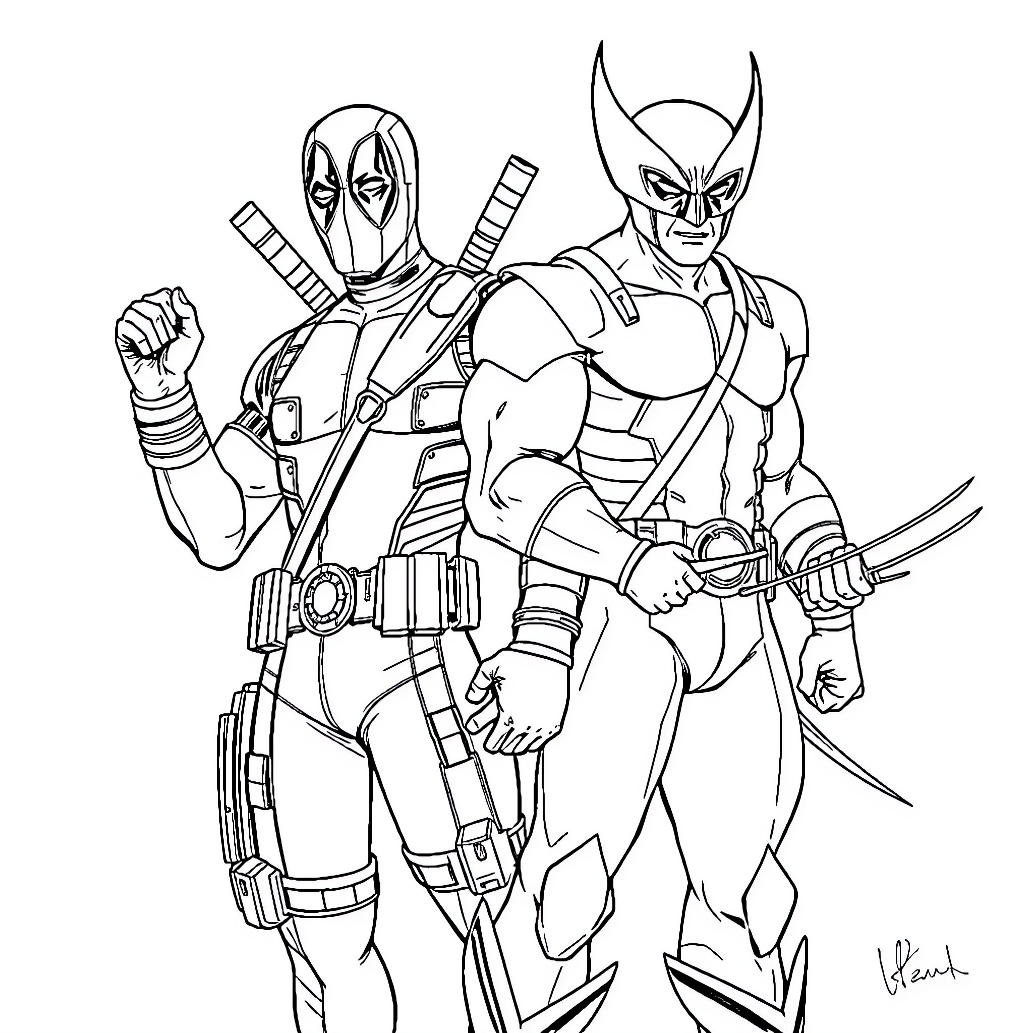 Deadpool and Wolverine in Action Poses Coloring Page (free black-and-white line drawing printable PDF for all, from beginners to advanced learners, including children, teens, adults, and seniors)