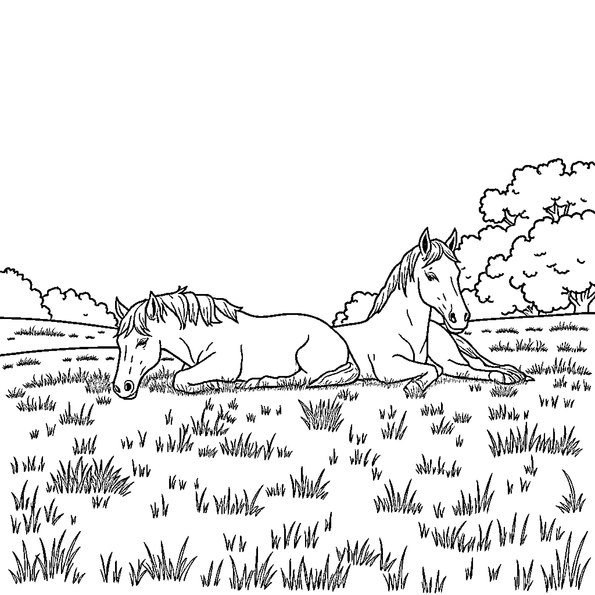 Horses resting peacefully in the meadow Coloring Page (free black-and-white line drawing printable PDF for all, from beginners to advanced learners, including children, teens, adults, and seniors)