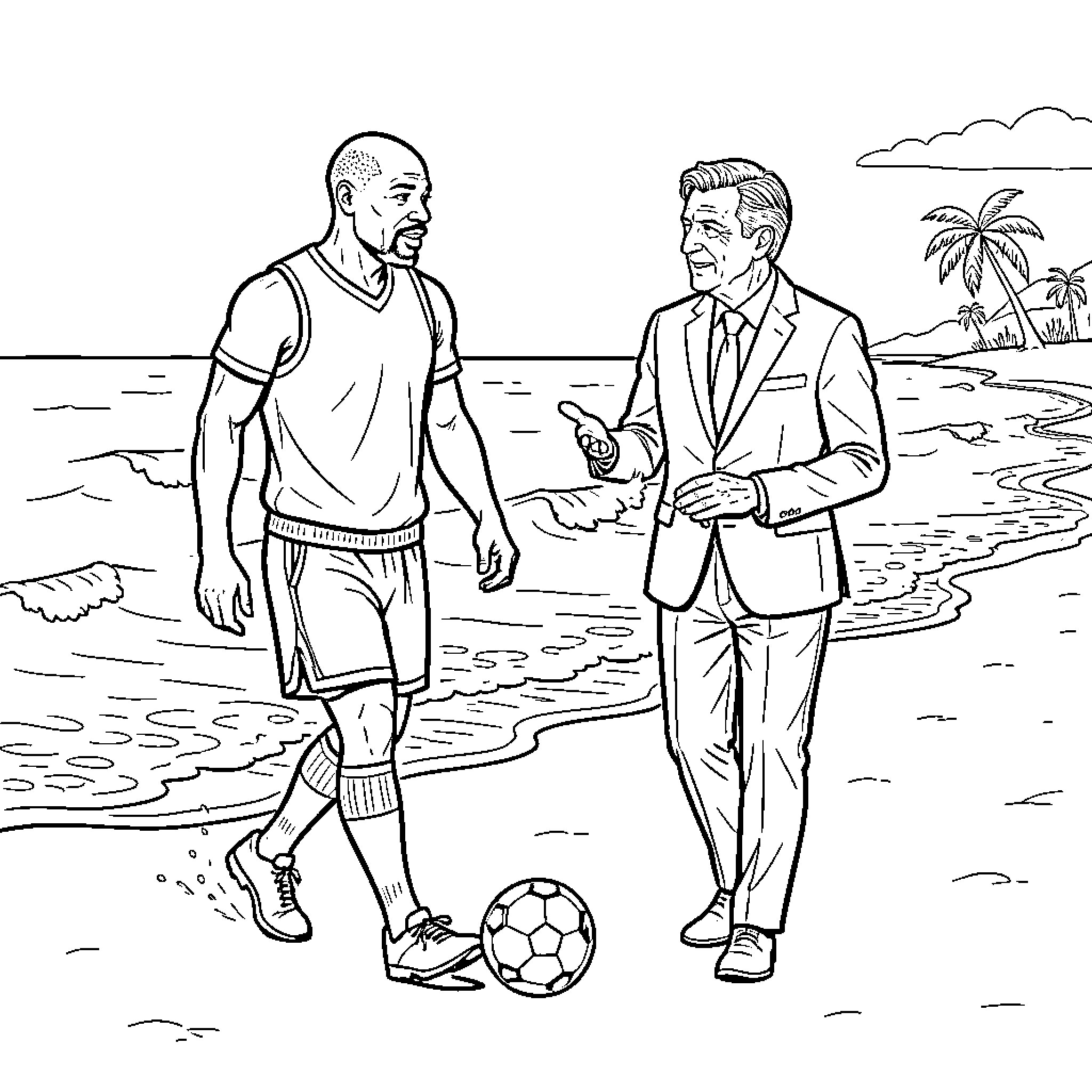 Michael Jordan walking on the beach with a man Coloring Page (free black-and-white line drawing printable PDF for all, from beginners to advanced learners, including children, teens, adults, and seniors)