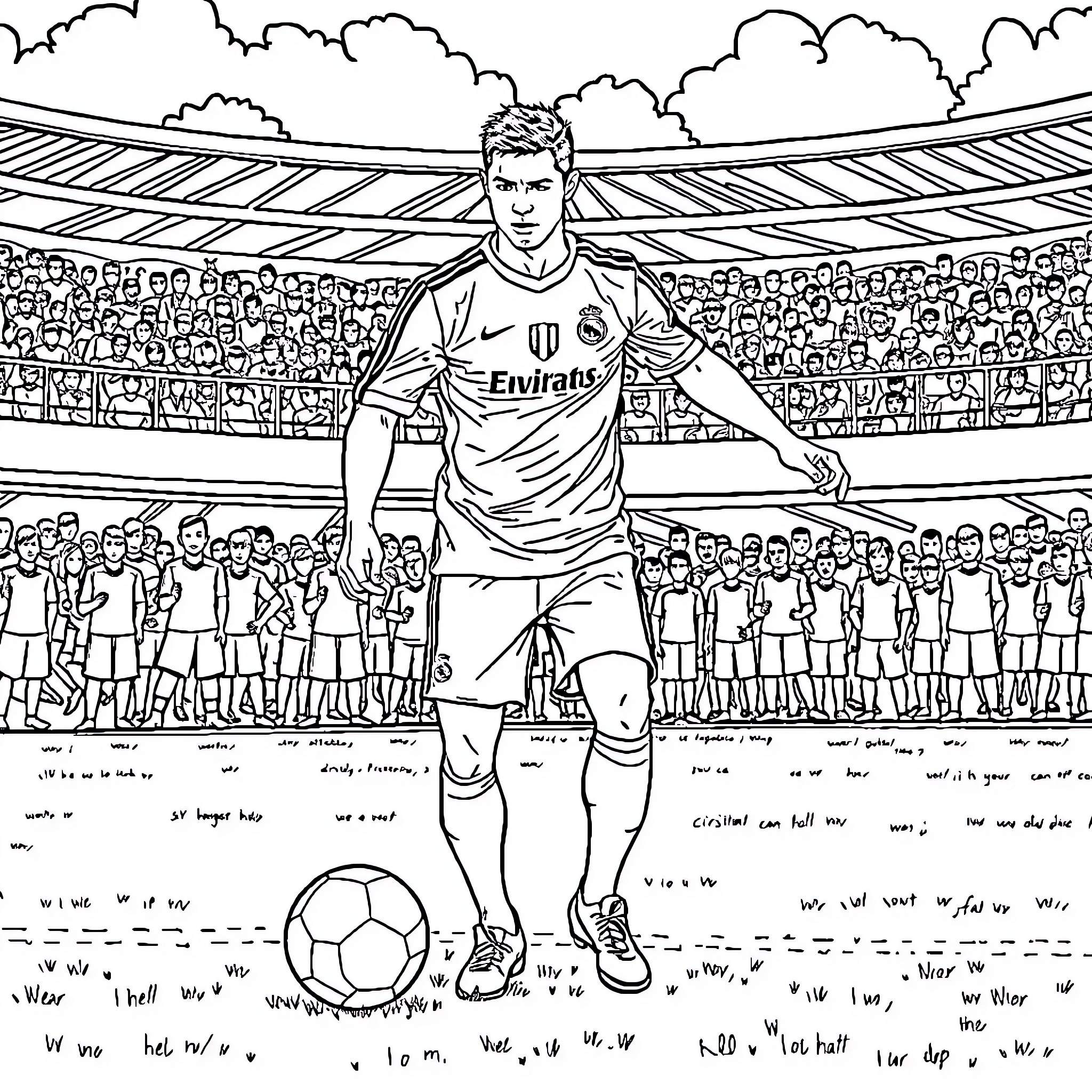 Cristiano Ronaldo in Action on the Soccer Field Coloring Page (free black-and-white line drawing printable PDF for all, from beginners to advanced learners, including children, teens, adults, and seniors)