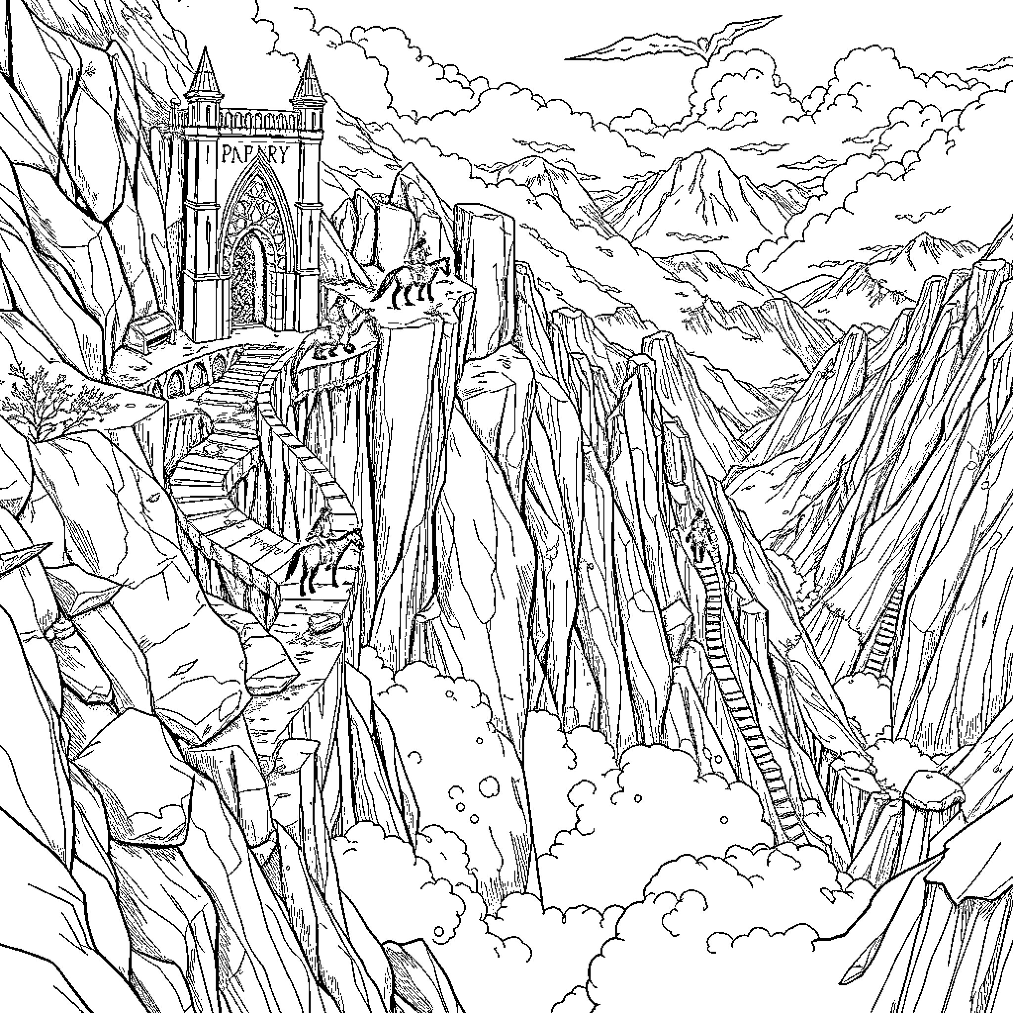 Dragon Castle on Towering Cliffs Coloring Page (free black-and-white line drawing printable PDF for all, from beginners to advanced learners, including children, teens, adults, and seniors)