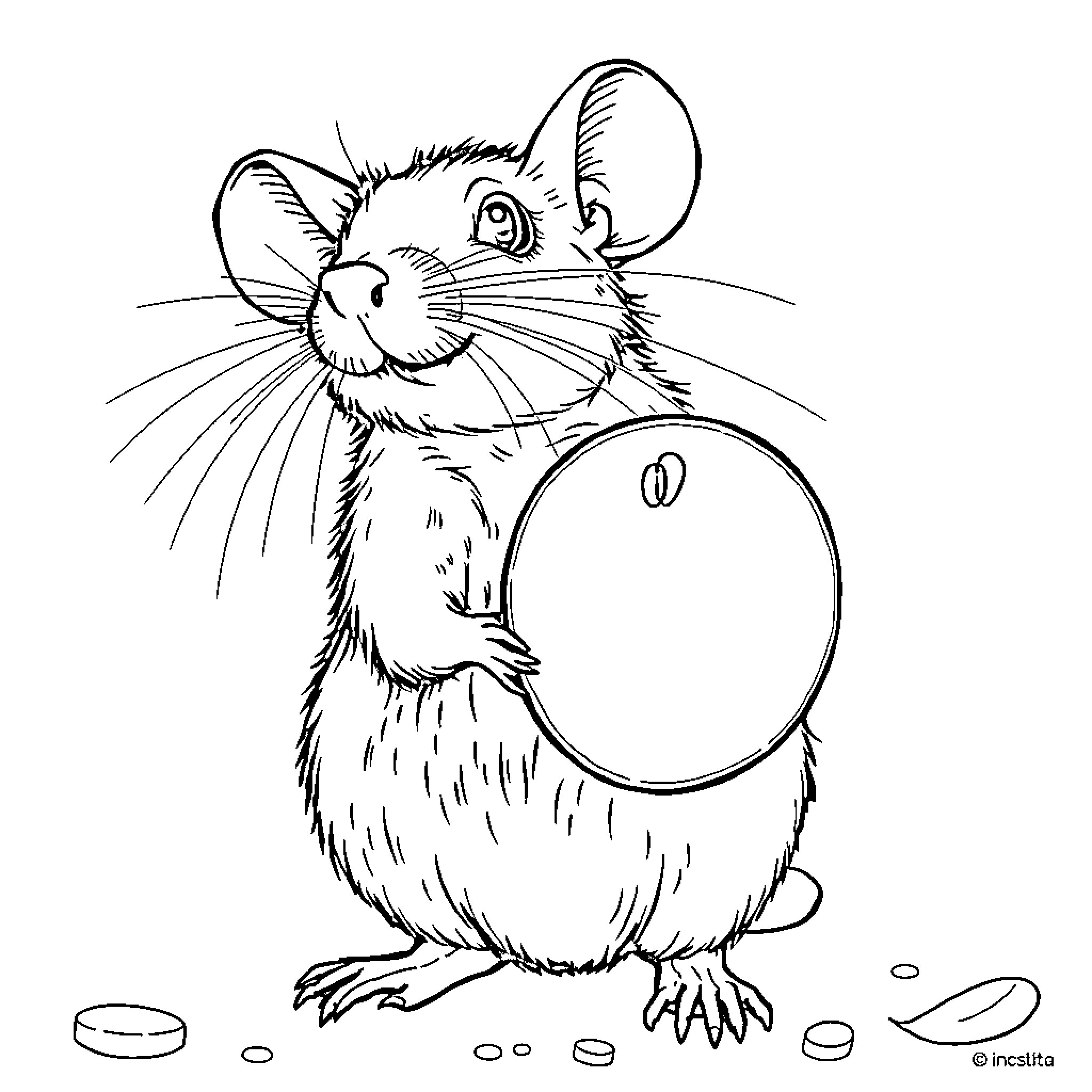 Rat inspecting coin with curiosity Coloring Page (free black-and-white line drawing printable PDF for all, from beginners to advanced learners, including children, teens, adults, and seniors)