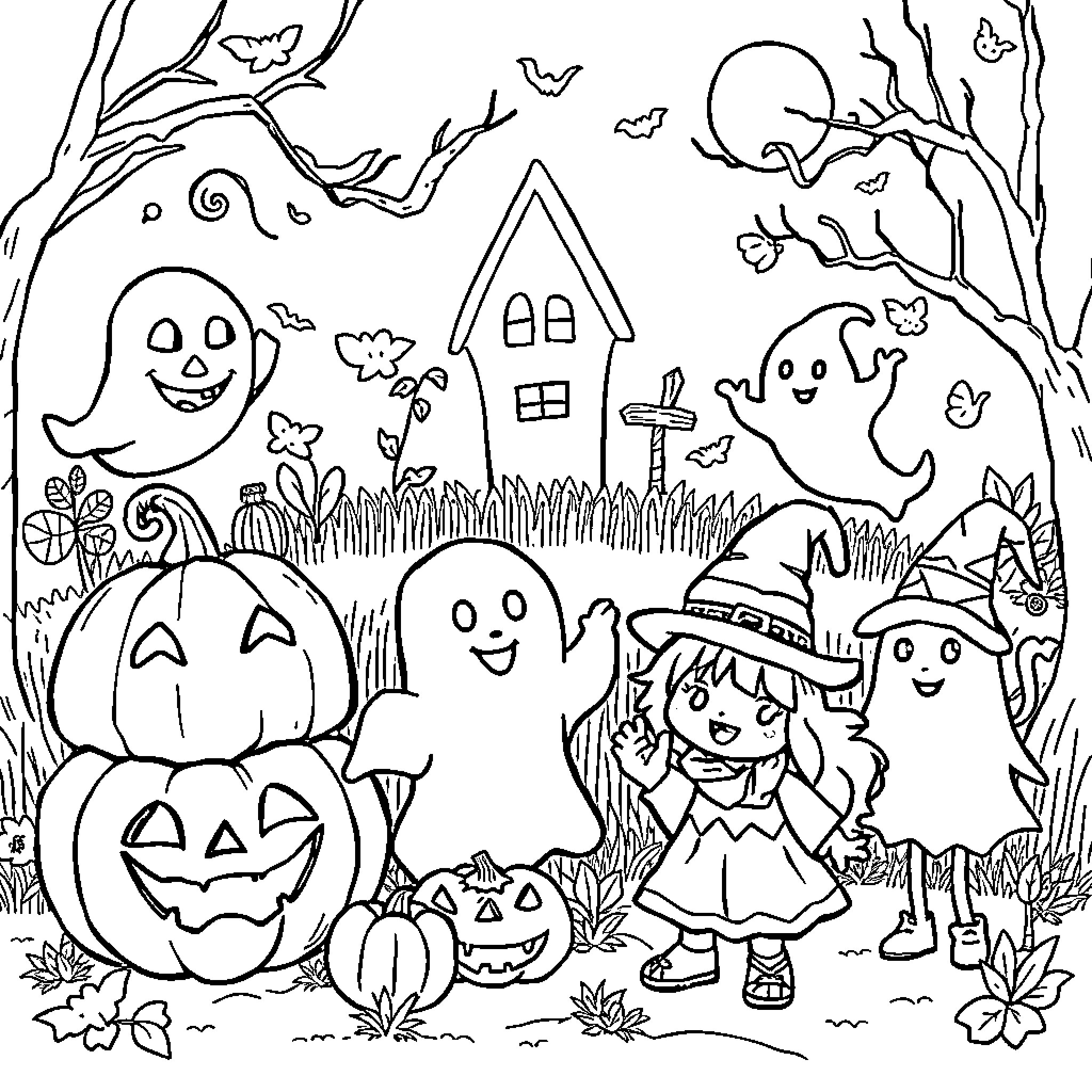 Halloween scene with pumpkins, ghosts, and a trick-or-treating child Coloring Page (free black-and-white line drawing printable PDF for all, from beginners to advanced learners, including children, teens, adults, and seniors)