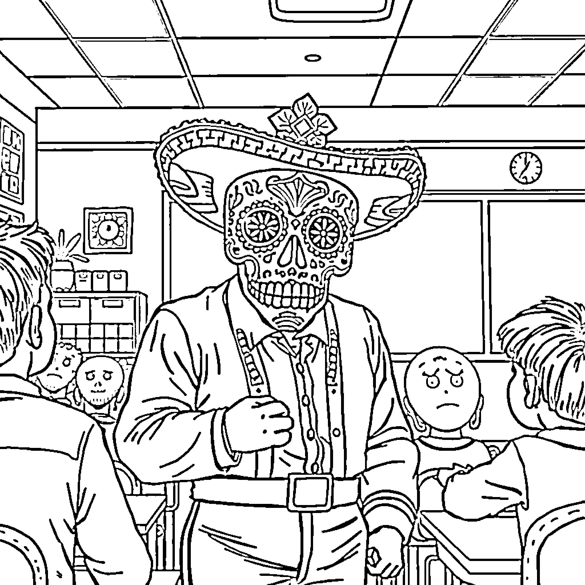 Luchador in a Classroom Setting Coloring Page (free black-and-white line drawing printable PDF for all, from beginners to advanced learners, including children, teens, adults, and seniors)