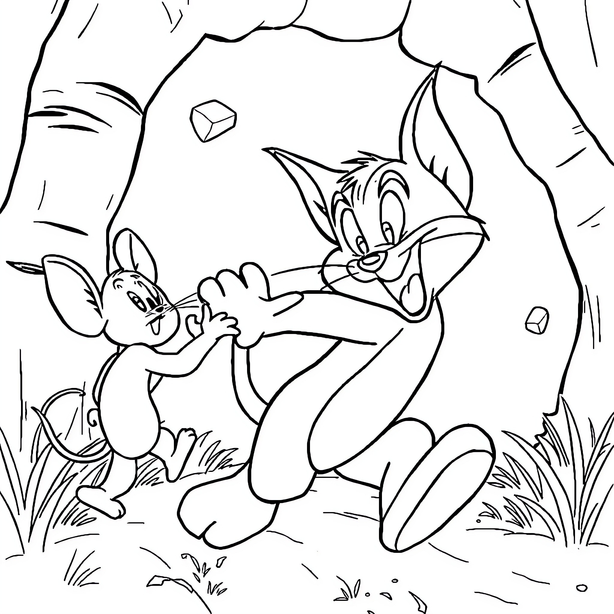 Tom and Jerry chase through the forest Coloring Page (free black-and-white line drawing printable PDF for all, from beginners to advanced learners, including children, teens, adults, and seniors)
