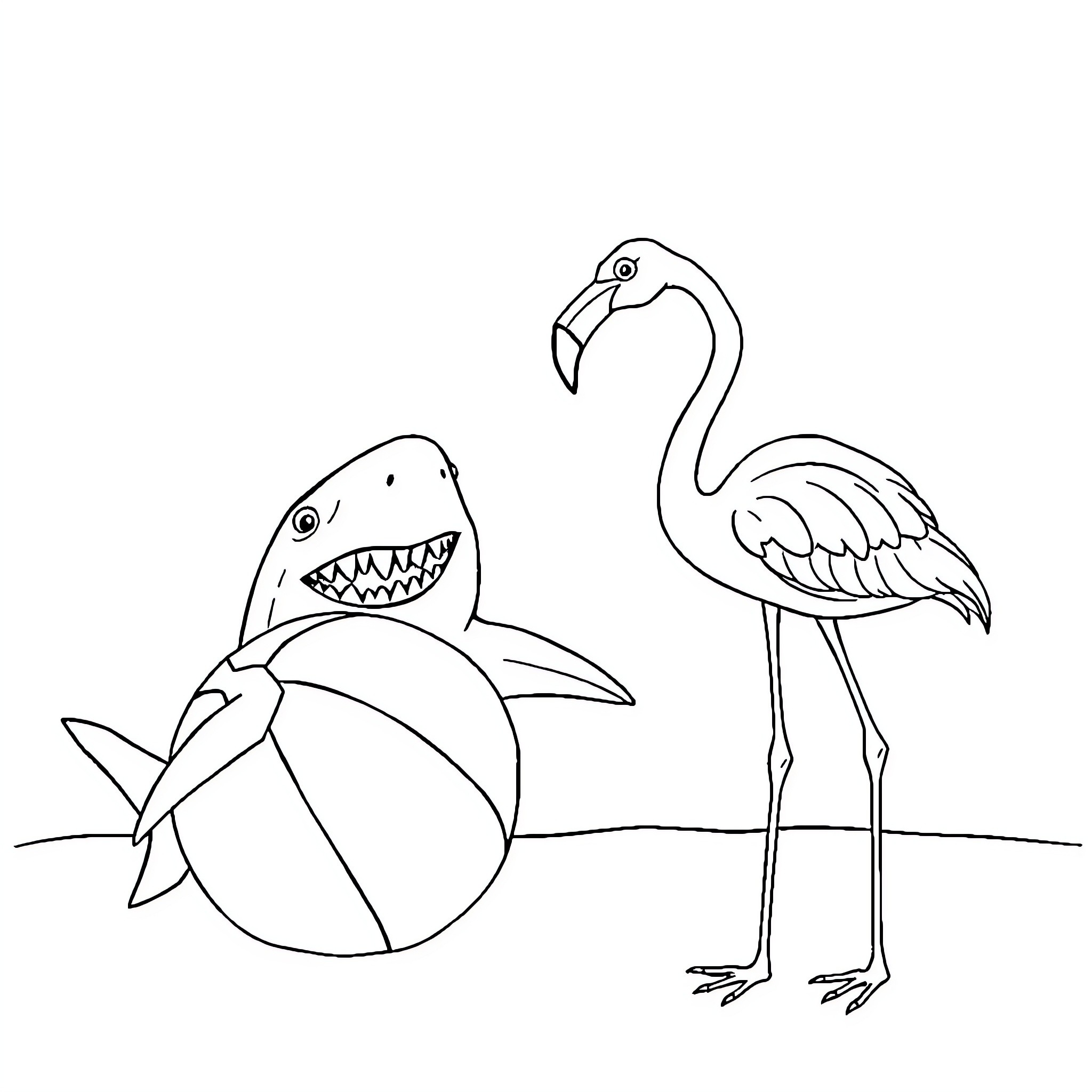 Shark and Flamingo in Cartoon Illustration Coloring Page (free black-and-white line drawing printable PDF for all, from beginners to advanced learners, including children, teens, adults, and seniors)
