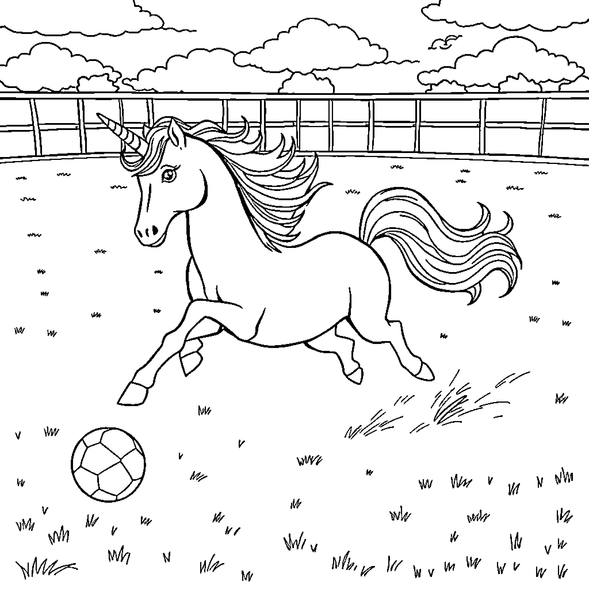 Unicorn playing joyfully with a ball in a fenced field Coloring Page (free black-and-white line drawing printable PDF for all, from beginners to advanced learners, including children, teens, adults, and seniors)