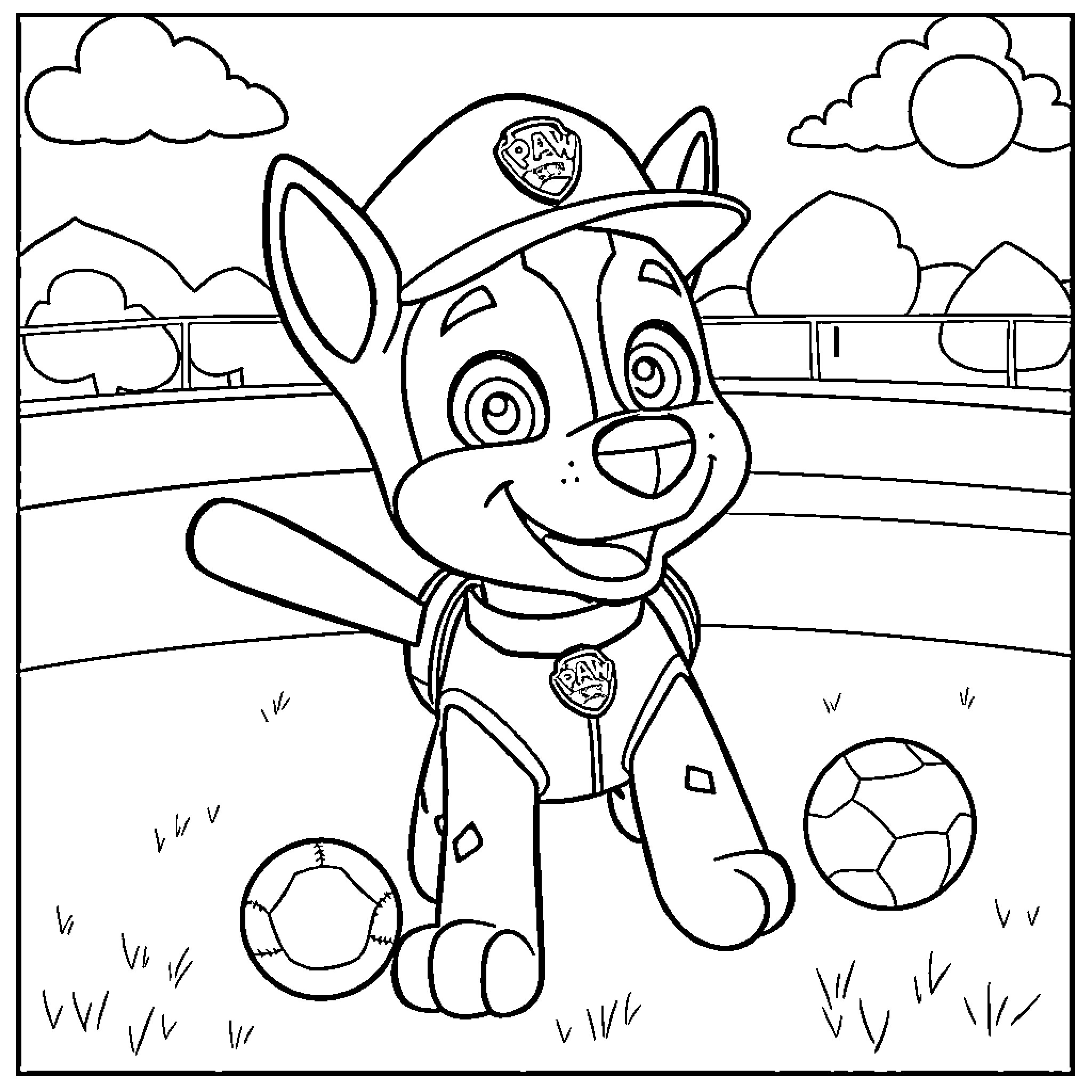 Chase's Playful Adventure in the Park Coloring Page (free black-and-white line drawing printable PDF for all, from beginners to advanced learners, including children, teens, adults, and seniors)