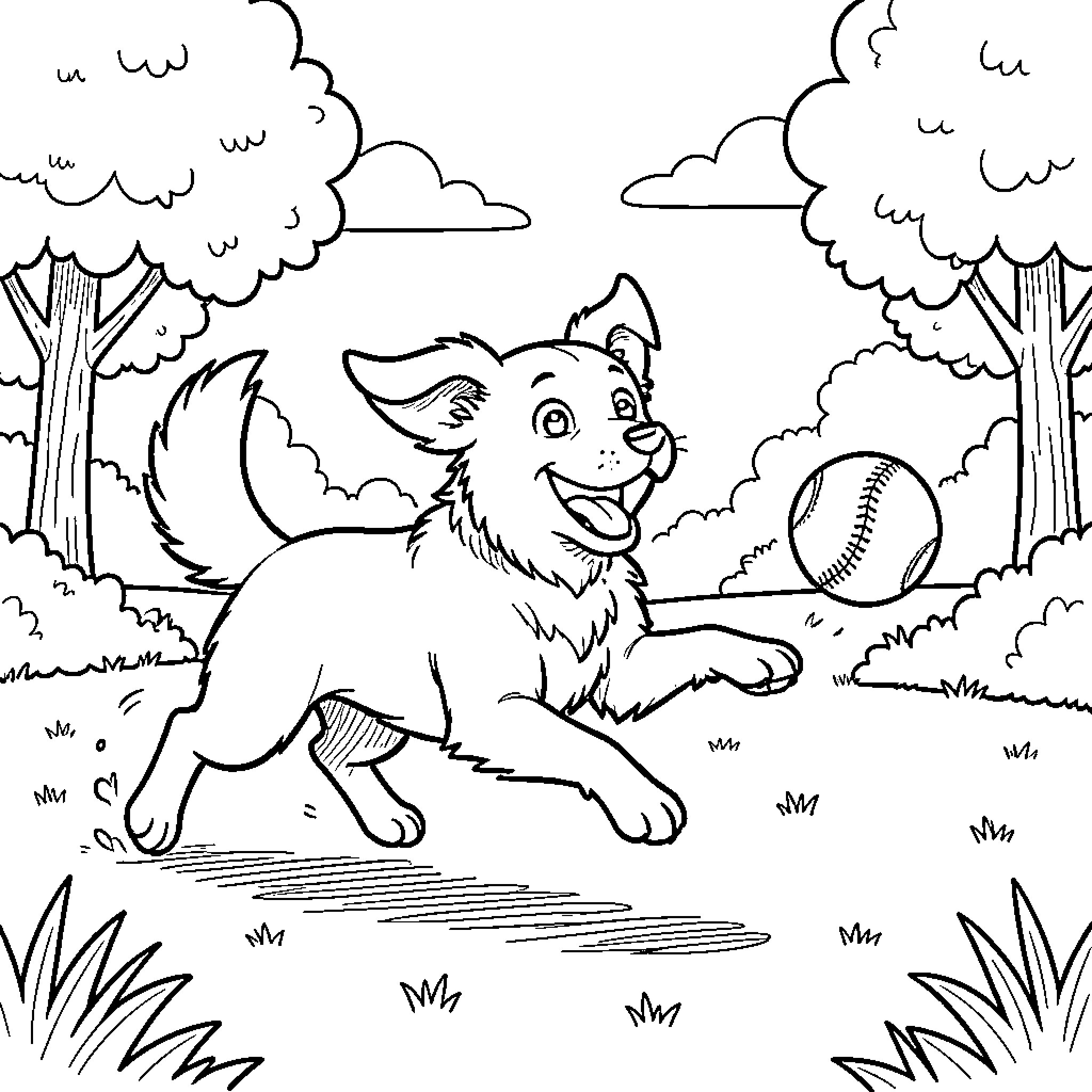 Dog running happily to catch a ball outdoors Coloring Page (free black-and-white line drawing printable PDF for all, from beginners to advanced learners, including children, teens, adults, and seniors)