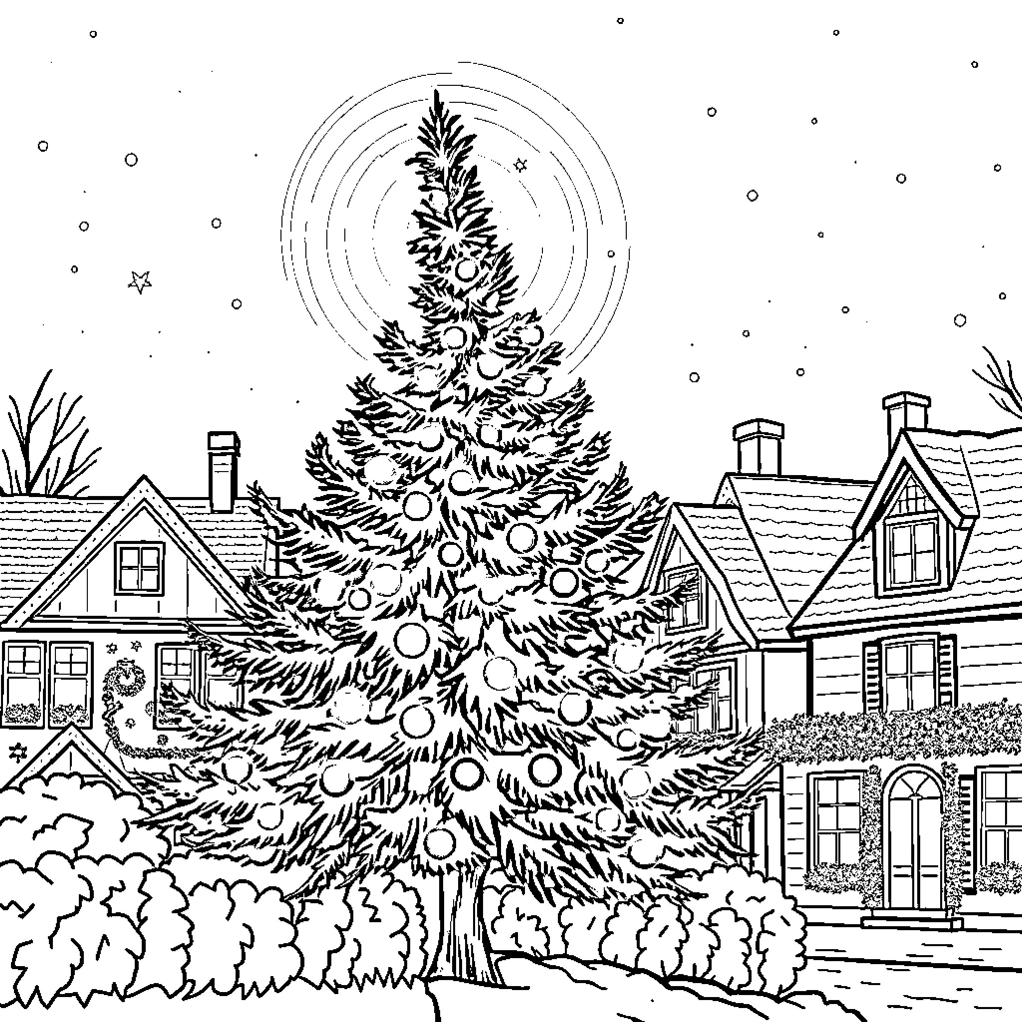 Christmas Light Decorated Tree in Snowy Village Coloring Page (free black-and-white line drawing printable PDF for all, from beginners to advanced learners, including children, teens, adults, and seniors)