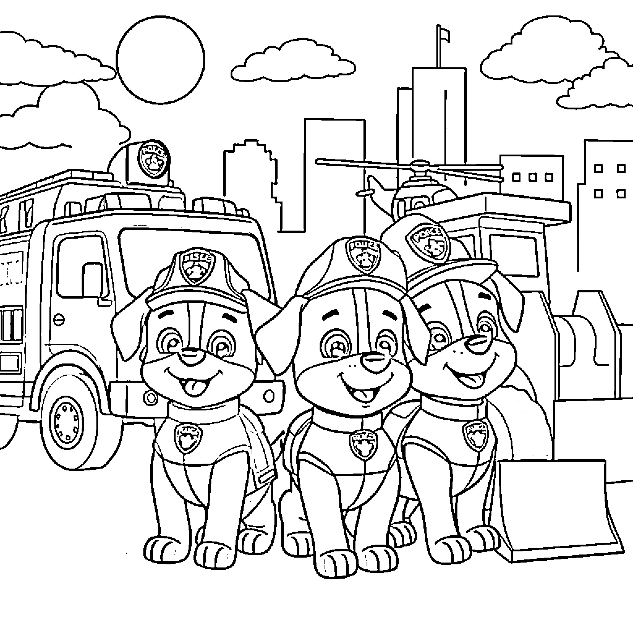 Puppy Firefighters Saving the City Coloring Page (free black-and-white line drawing printable PDF for all, from beginners to advanced learners, including children, teens, adults, and seniors)