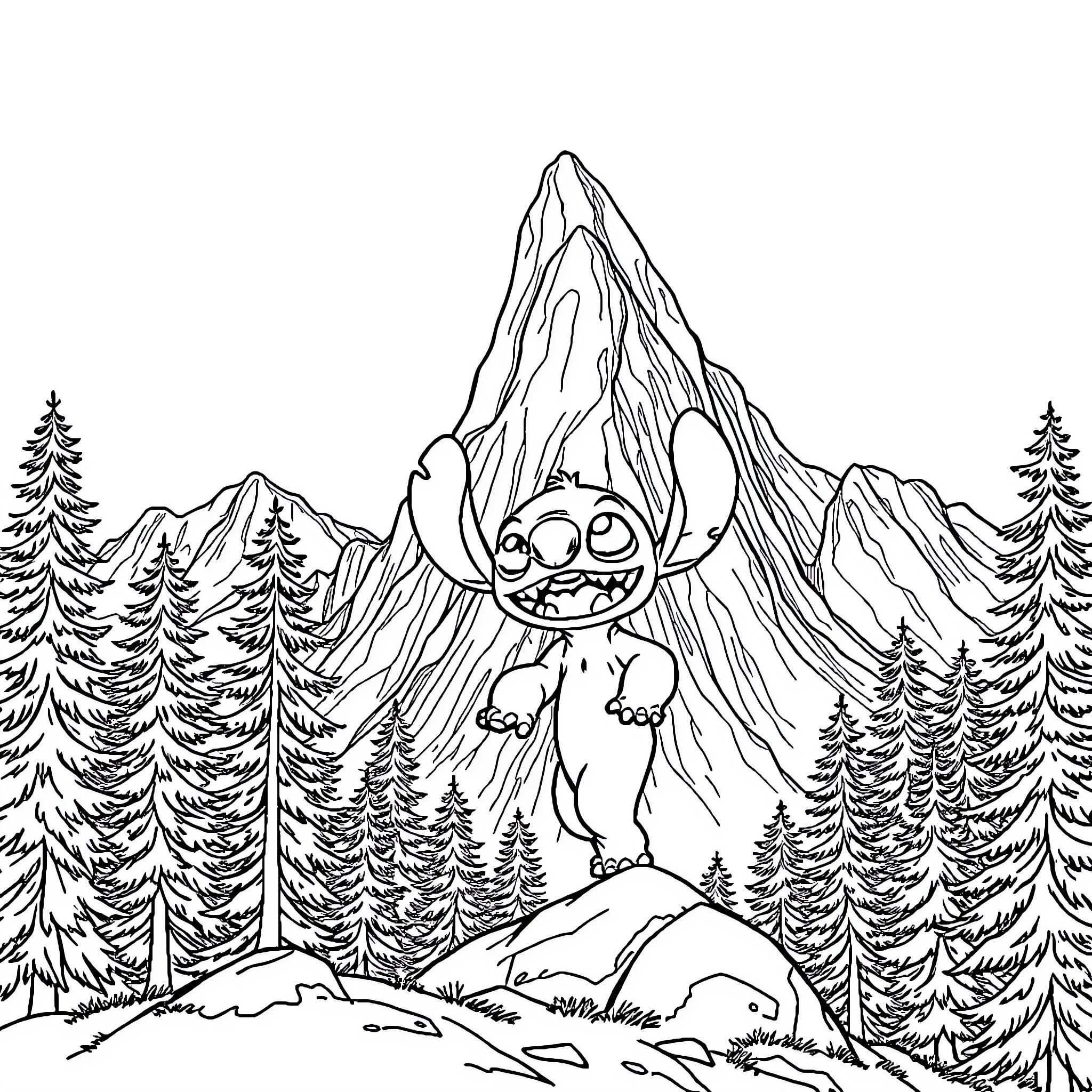 Stitch exploring the snowy mountainous landscape Coloring Page (free black-and-white line drawing printable PDF for all, from beginners to advanced learners, including children, teens, adults, and seniors)