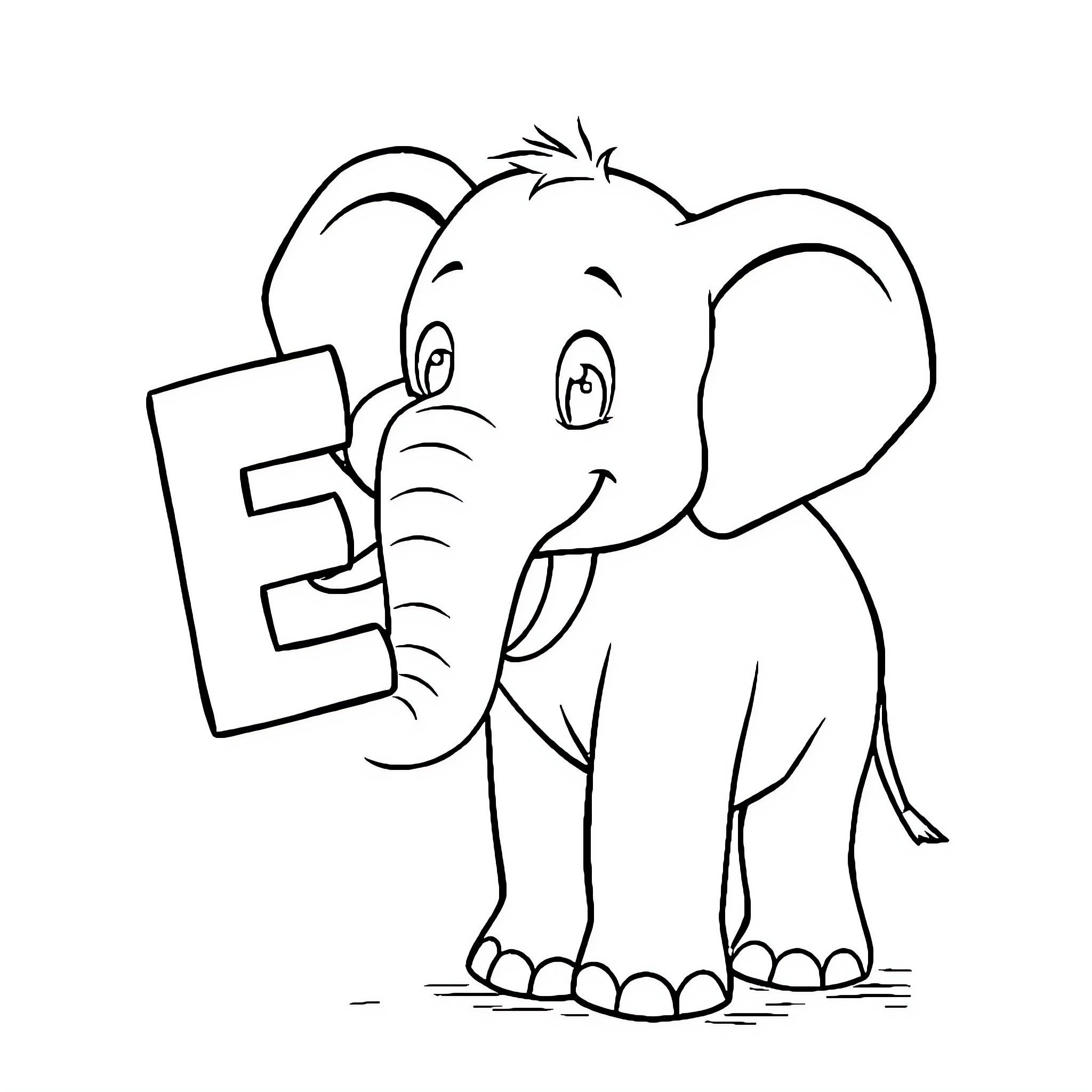 Elephant holding letter in trunk Coloring Page (free black-and-white line drawing printable PDF for all, from beginners to advanced learners, including children, teens, adults, and seniors)