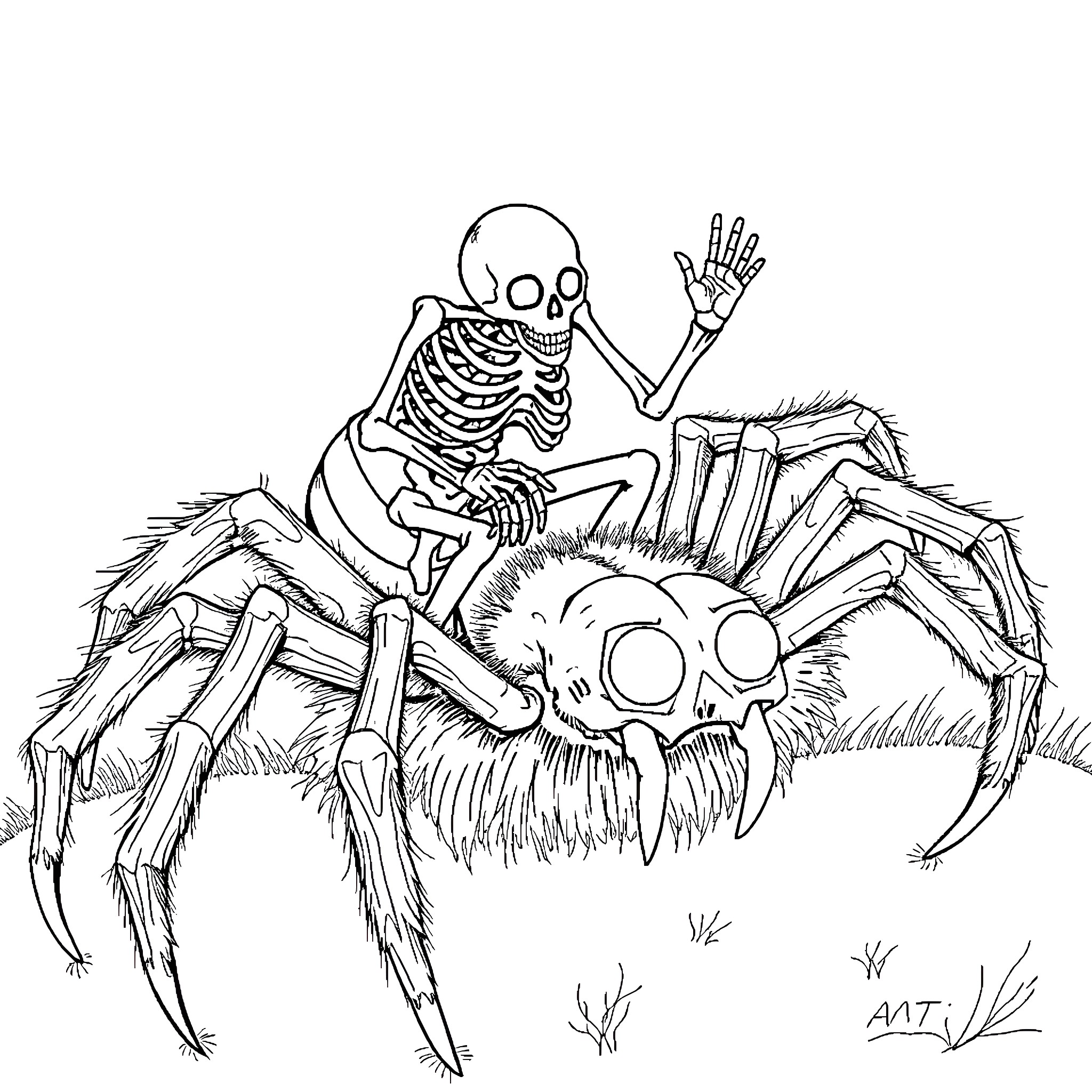 Skeleton on top of a giant spider Coloring Page (free black-and-white line drawing printable PDF for all, from beginners to advanced learners, including children, teens, adults, and seniors)