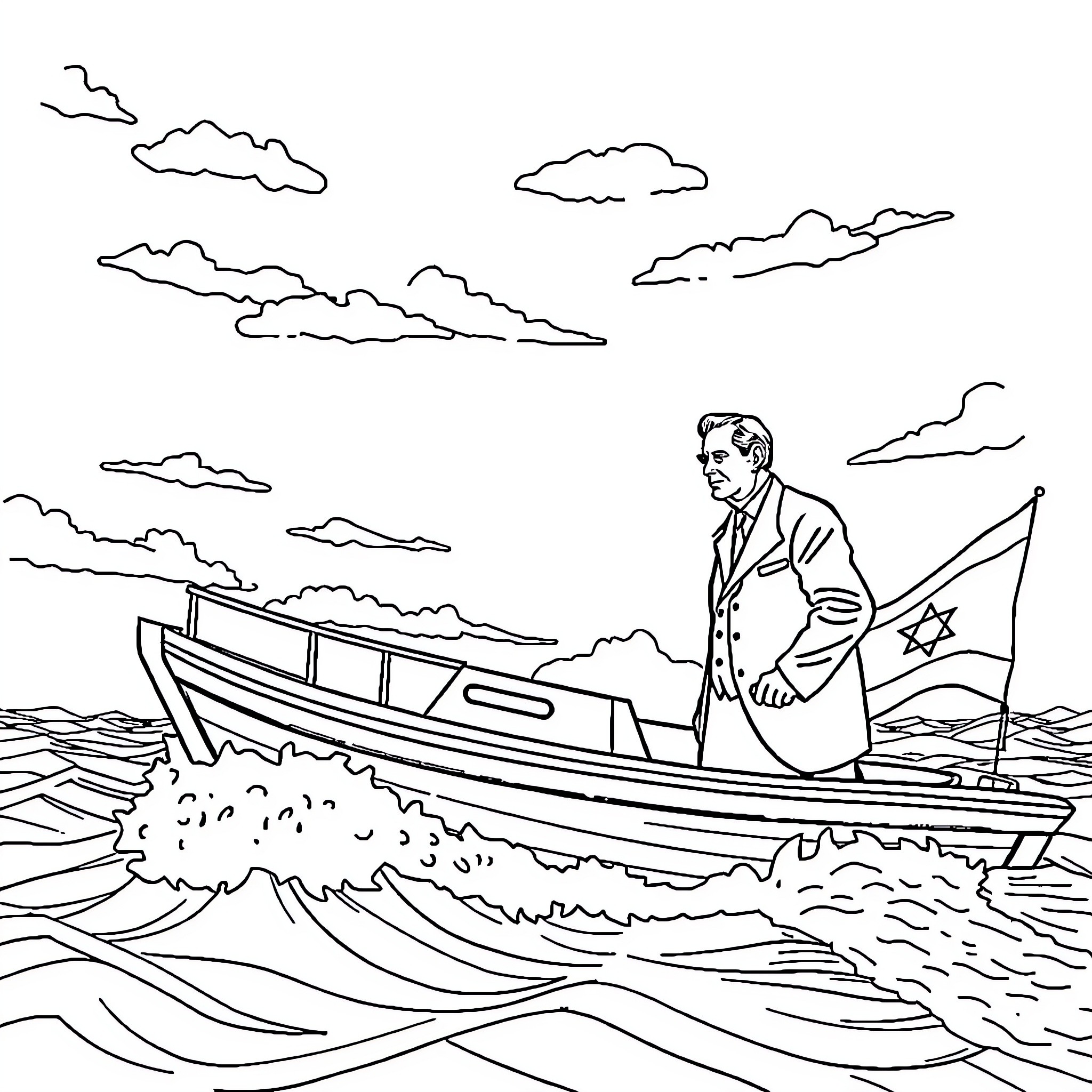 De Gaulle sailing on a boat with a flag Coloring Page (free black-and-white line drawing printable PDF for all, from beginners to advanced learners, including children, teens, adults, and seniors)