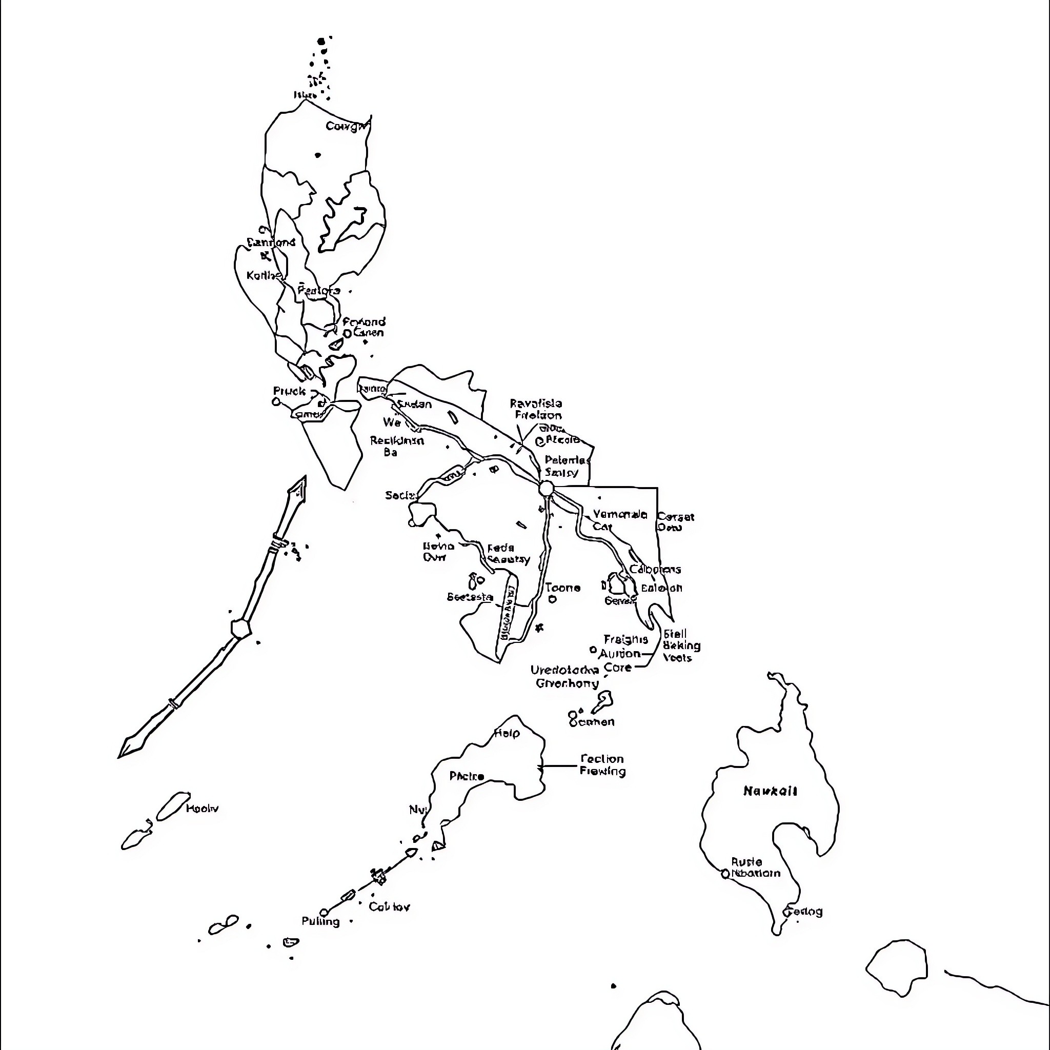 Philippine Map Showing Regional Boundaries and Major Islands Coloring Page (free black-and-white line drawing printable PDF for all, from beginners to advanced learners, including children, teens, adults, and seniors)