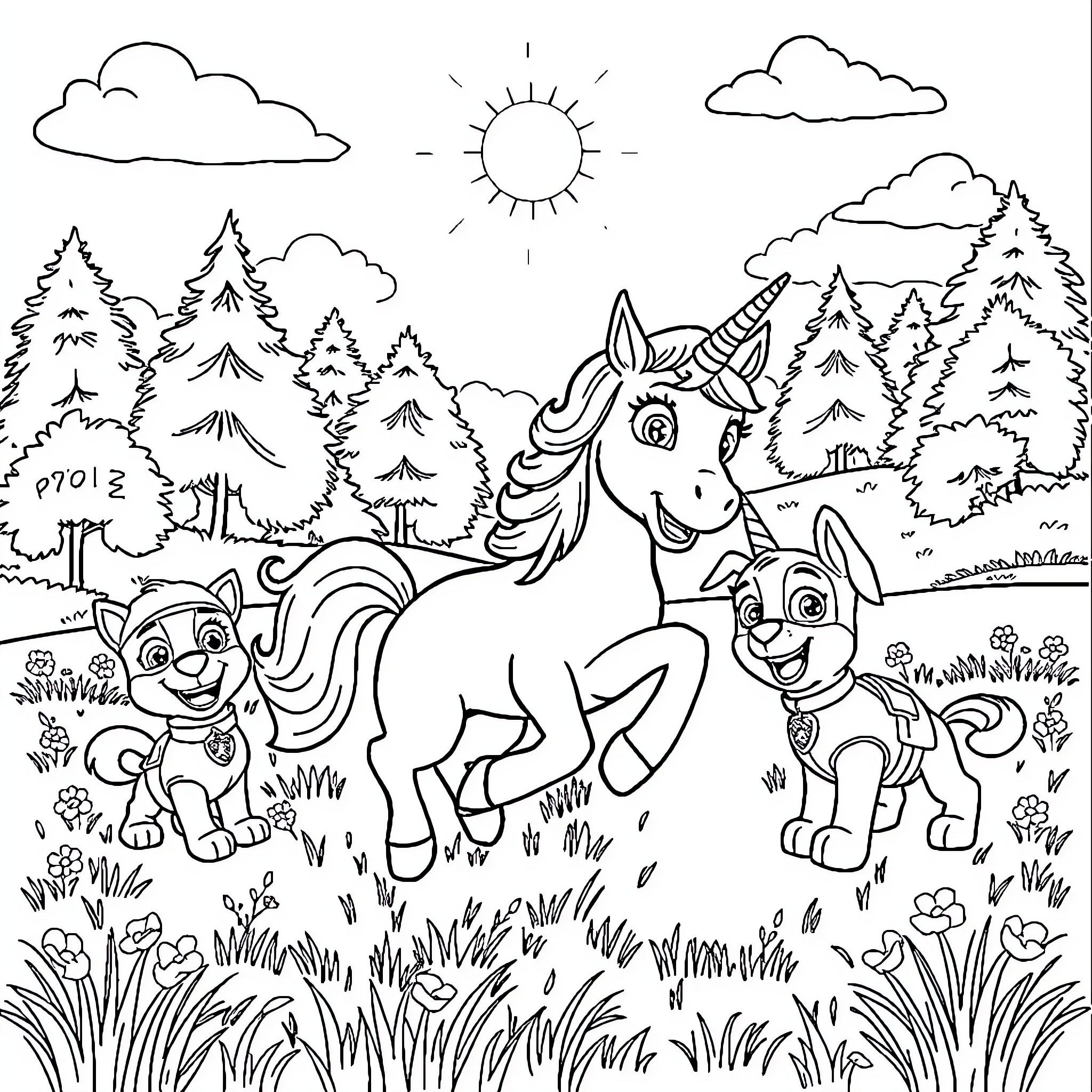 Unicorn and Puppies Explore the Enchanted Forest Coloring Page (free black-and-white line drawing printable PDF for all, from beginners to advanced learners, including children, teens, adults, and seniors)