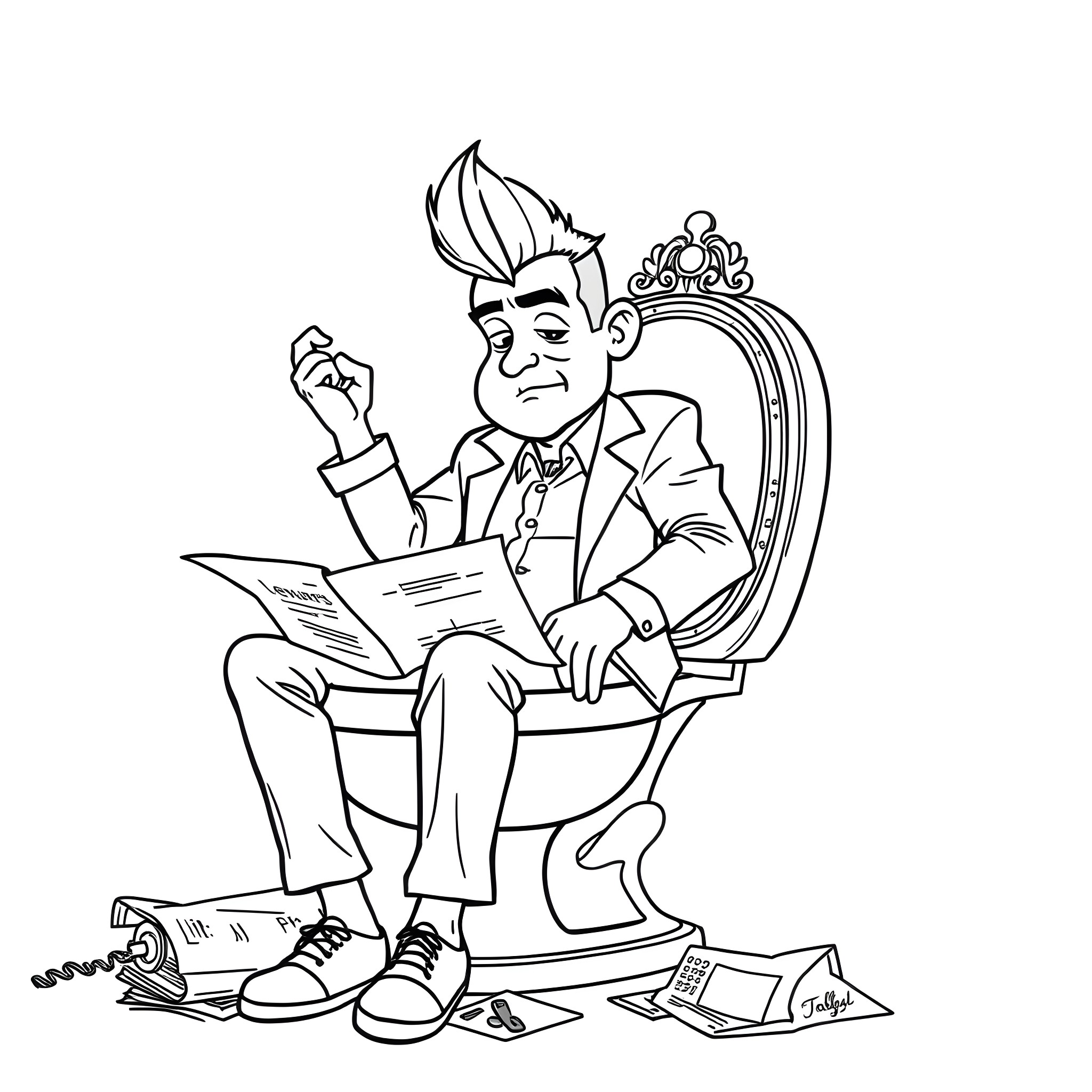Trump reading important documents in a fancy chair Coloring Page (free black-and-white line drawing printable PDF for all, from beginners to advanced learners, including children, teens, adults, and seniors)