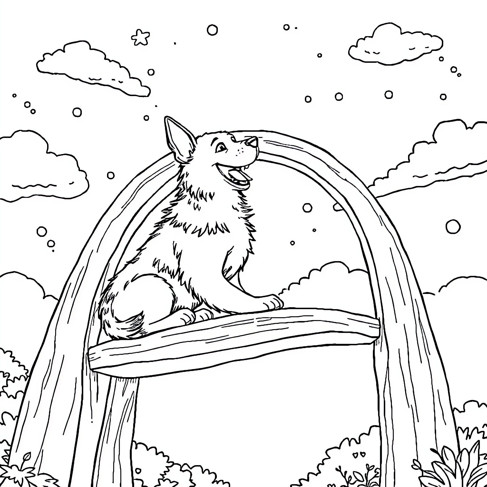 Dog enjoying the snowfall on a winter wonderland landscape Coloring Page (free black-and-white line drawing printable PDF for all, from beginners to advanced learners, including children, teens, adults, and seniors)