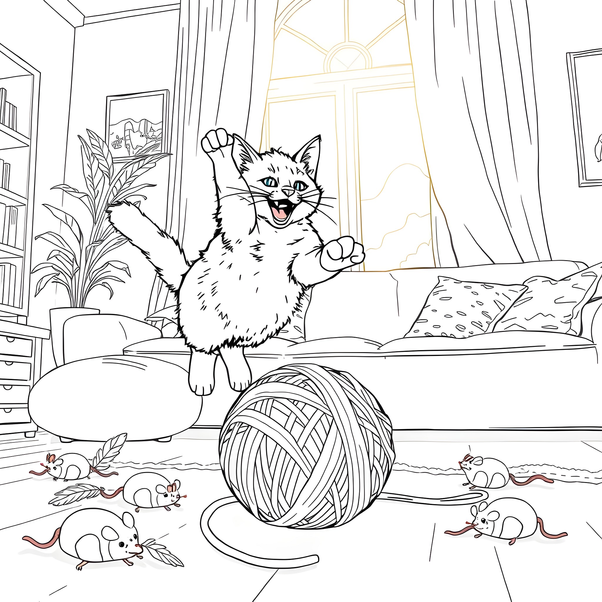 Cat Playing Joyfully in Cozy Home Coloring Page (free black-and-white line drawing printable PDF for all, from beginners to advanced learners, including children, teens, adults, and seniors)