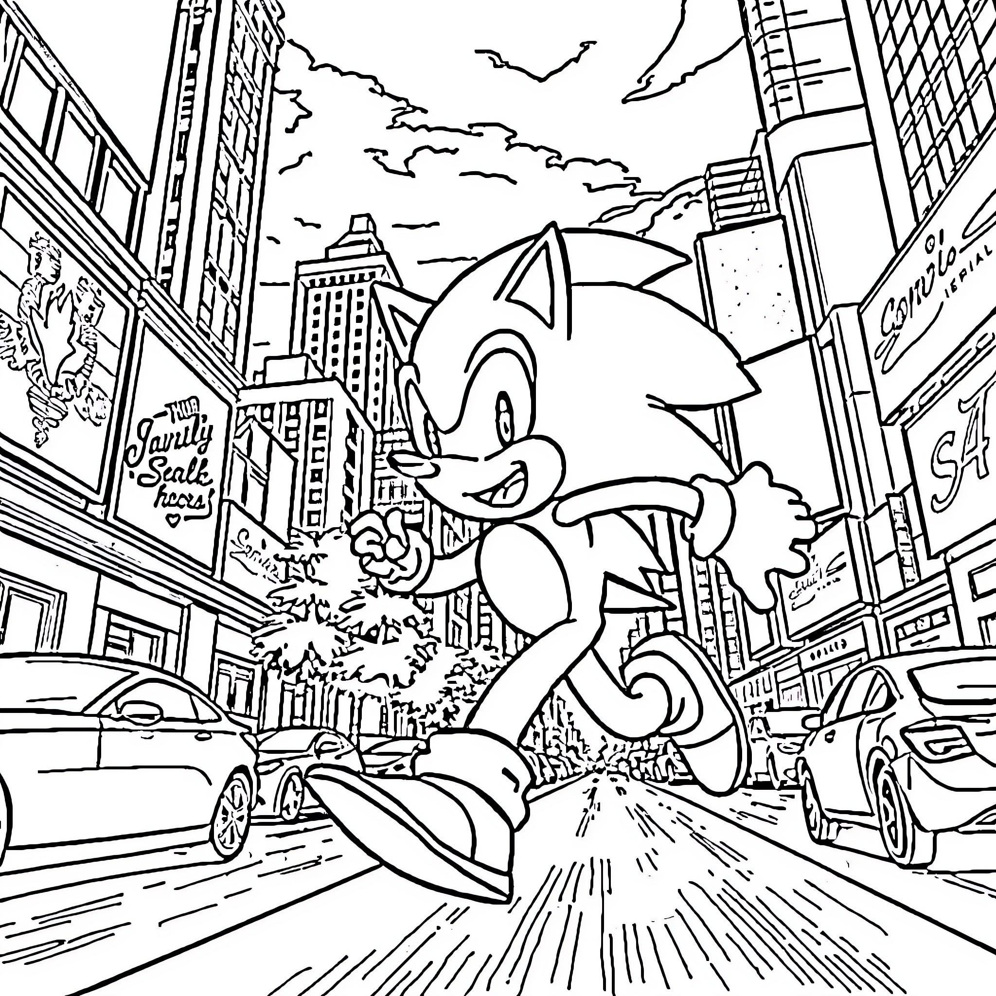Sonic Racing Through the Bustling City Coloring Page (free black-and-white line drawing printable PDF for all, from beginners to advanced learners, including children, teens, adults, and seniors)