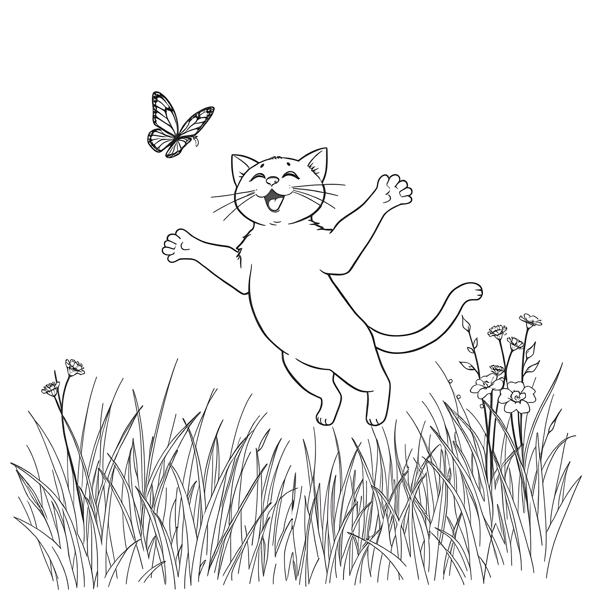 Cat chasing butterfly in a grassy field Coloring Page (free black-and-white line drawing printable PDF for all, from beginners to advanced learners, including children, teens, adults, and seniors)