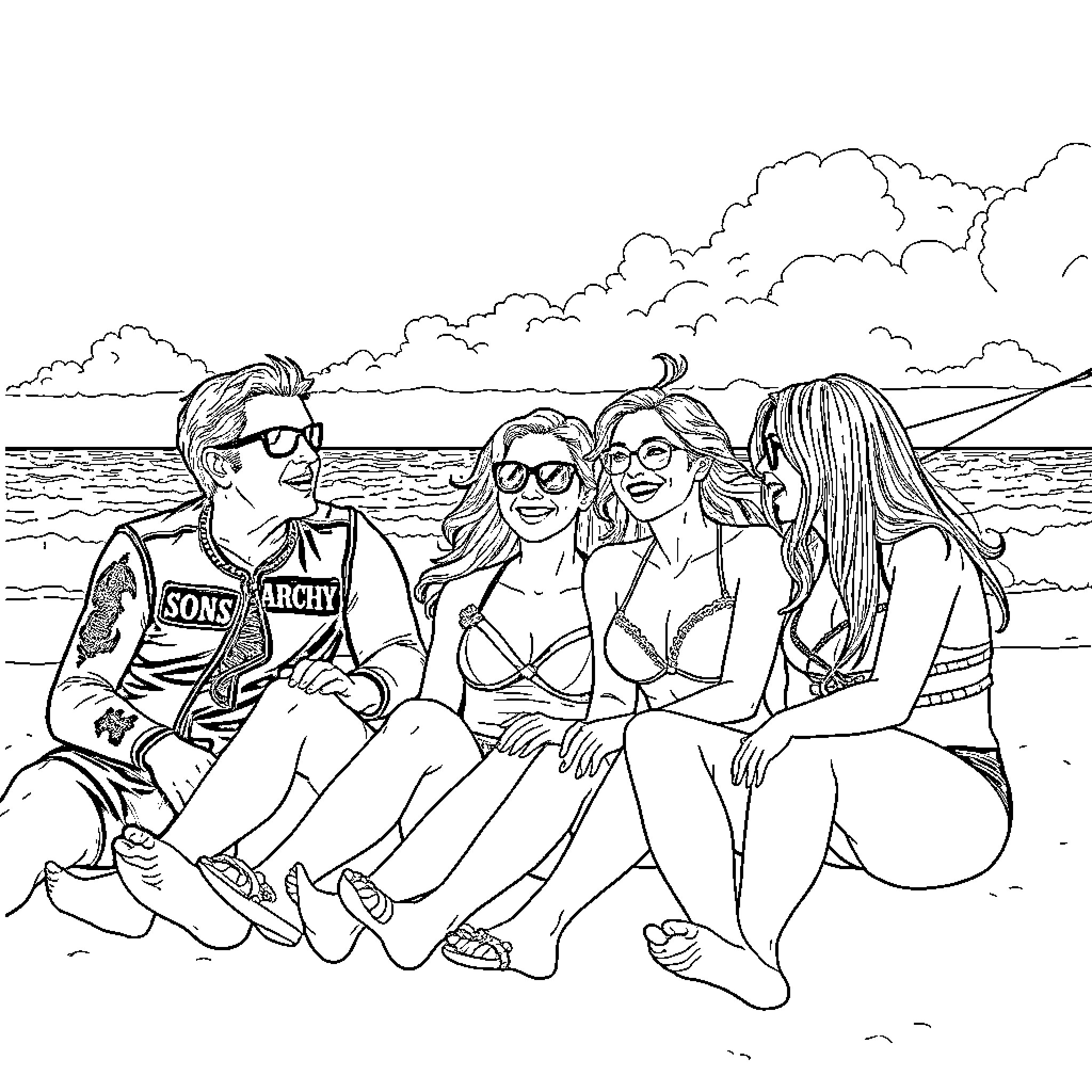 Cast Relaxing on the Beach Coloring Page (free black-and-white line drawing printable PDF for all, from beginners to advanced learners, including children, teens, adults, and seniors)