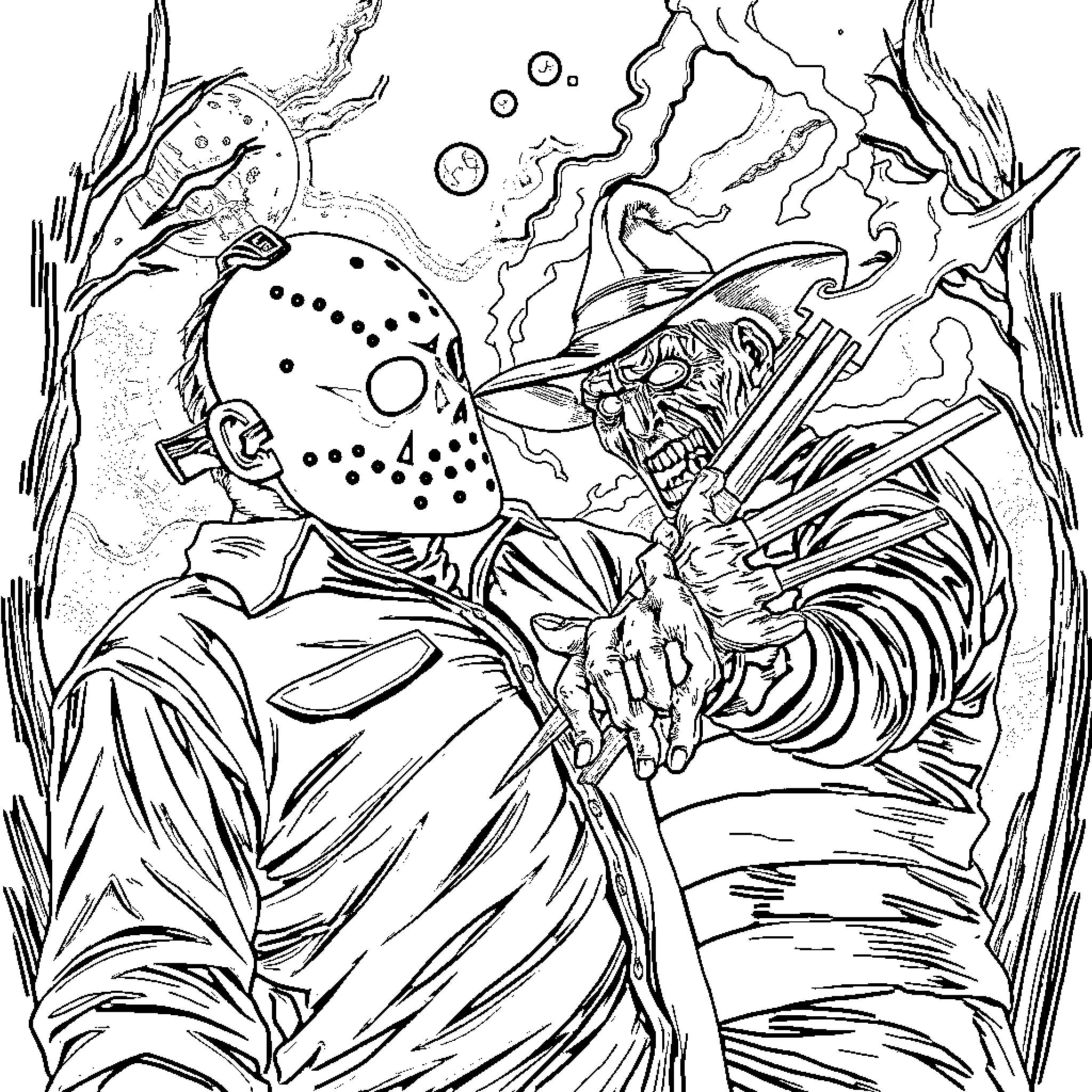 Jason Voorhees battling ferocious creature in dark underworld Coloring Page (free black-and-white line drawing printable PDF for all, from beginners to advanced learners, including children, teens, adults, and seniors)