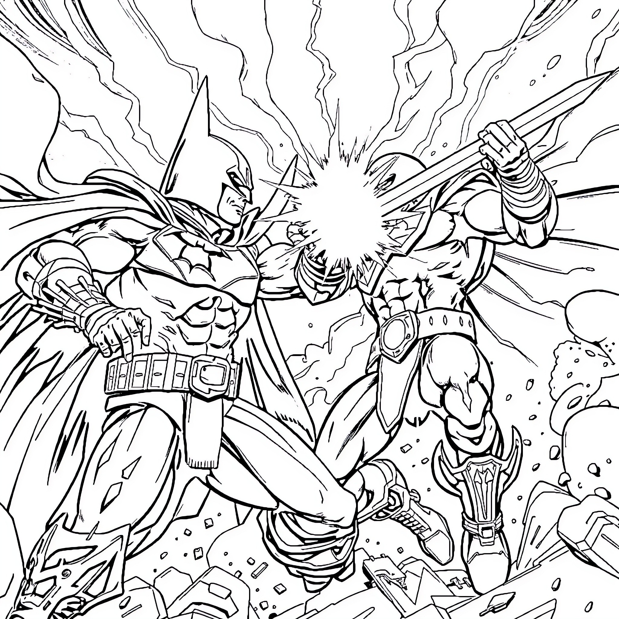 He-Man clashing in epic battle against foe Coloring Page (free black-and-white line drawing printable PDF for all, from beginners to advanced learners, including children, teens, adults, and seniors)