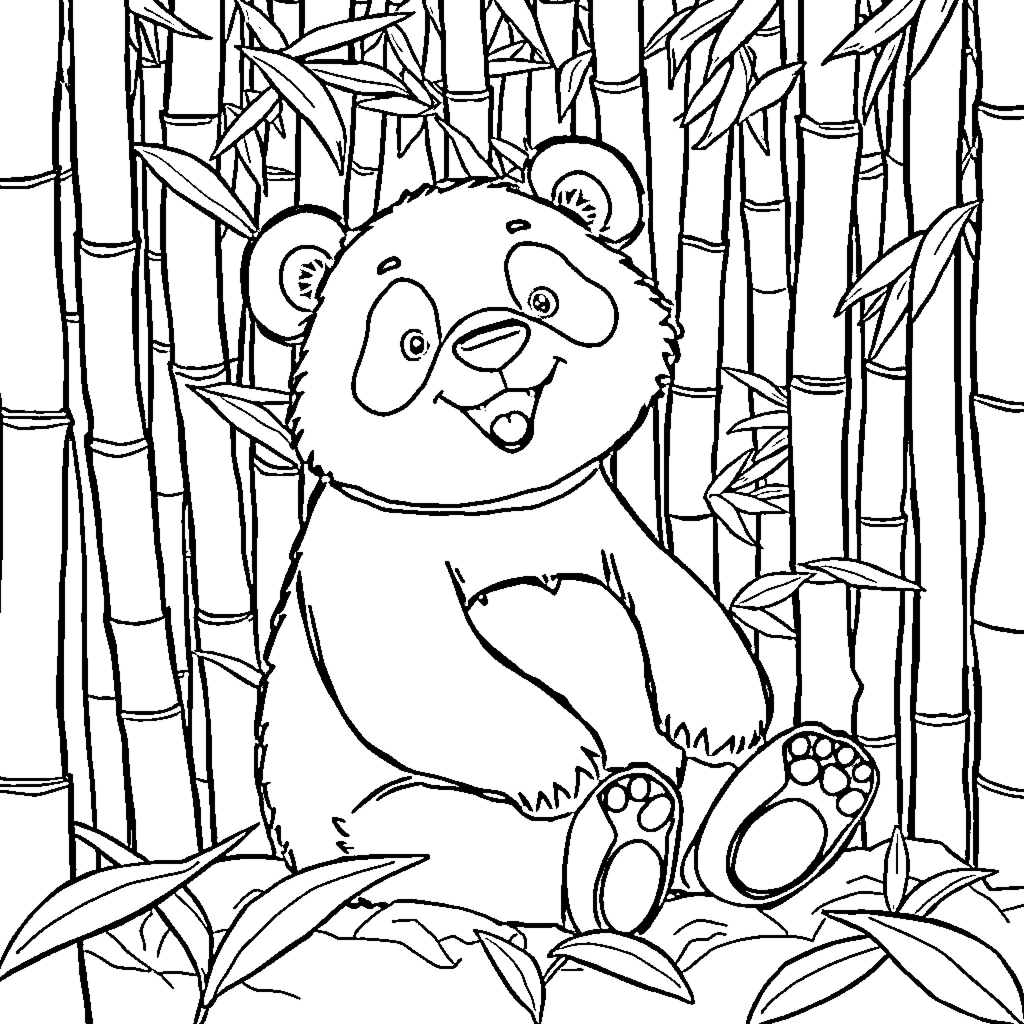 Panda exploring the bamboo forest Coloring Page (free black-and-white line drawing printable PDF for all, from beginners to advanced learners, including children, teens, adults, and seniors)