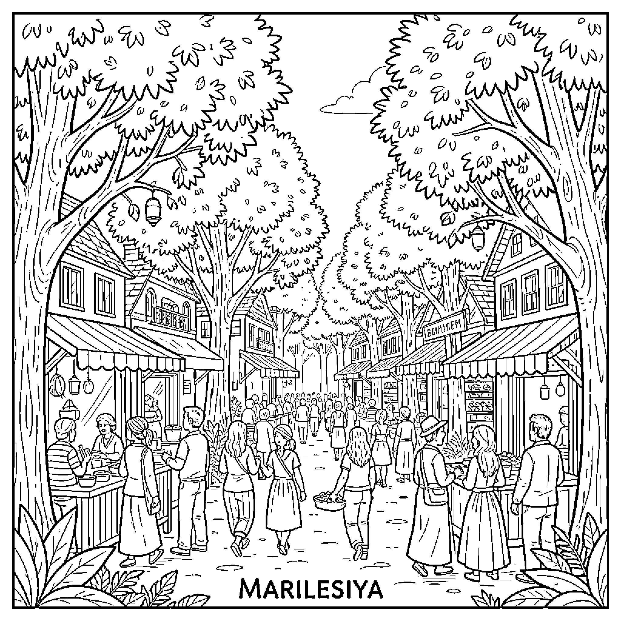Marilesiya people walking and shopping at a street market Coloring Page (free black-and-white line drawing printable PDF for all, from beginners to advanced learners, including children, teens, adults, and seniors)