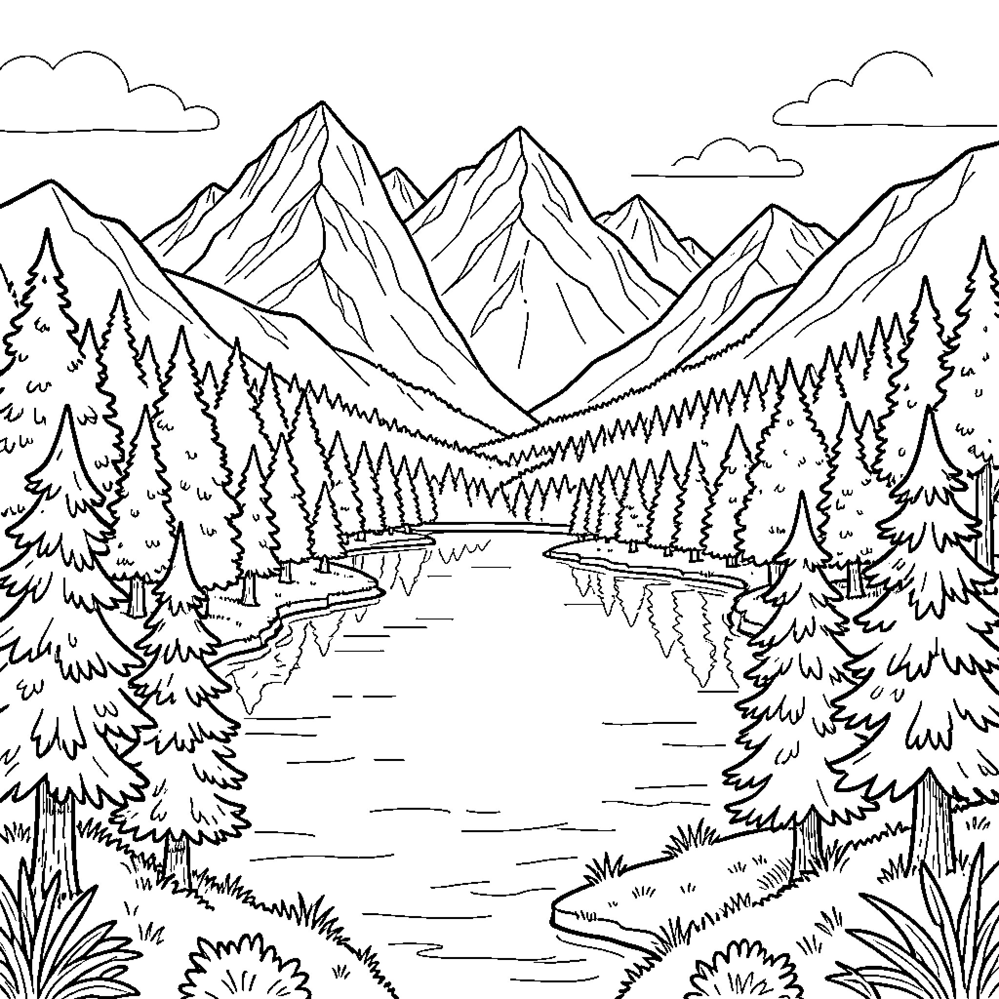 Landscape of snowy mountain peaks and pine forests Coloring Page (free black-and-white line drawing printable PDF for all, from beginners to advanced learners, including children, teens, adults, and seniors)