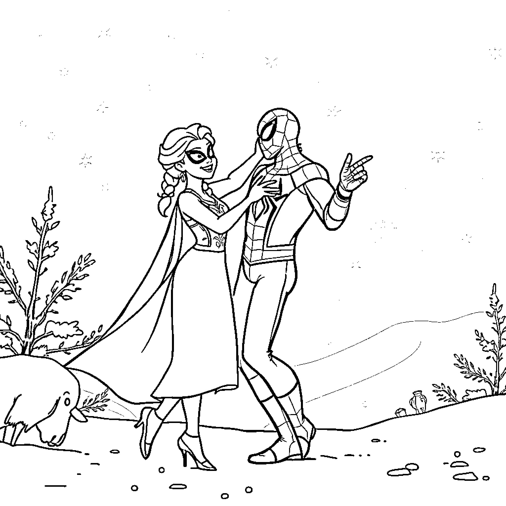 Spiderman and Elsa dancing together in a magical forest Coloring Page (free black-and-white line drawing printable PDF for all, from beginners to advanced learners, including children, teens, adults, and seniors)