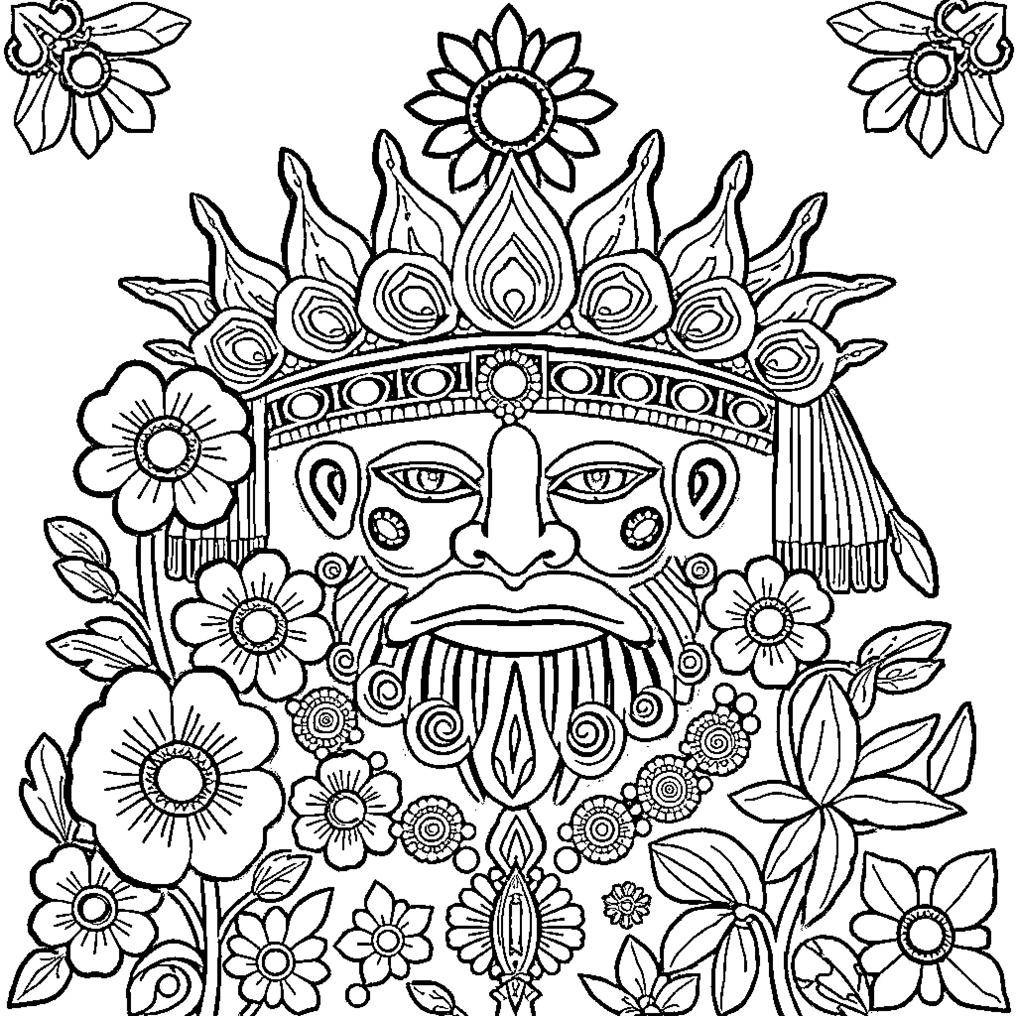 Tongan Intricate Floral Deity Illustration Coloring Page (free black-and-white line drawing printable PDF for all, from beginners to advanced learners, including children, teens, adults, and seniors)