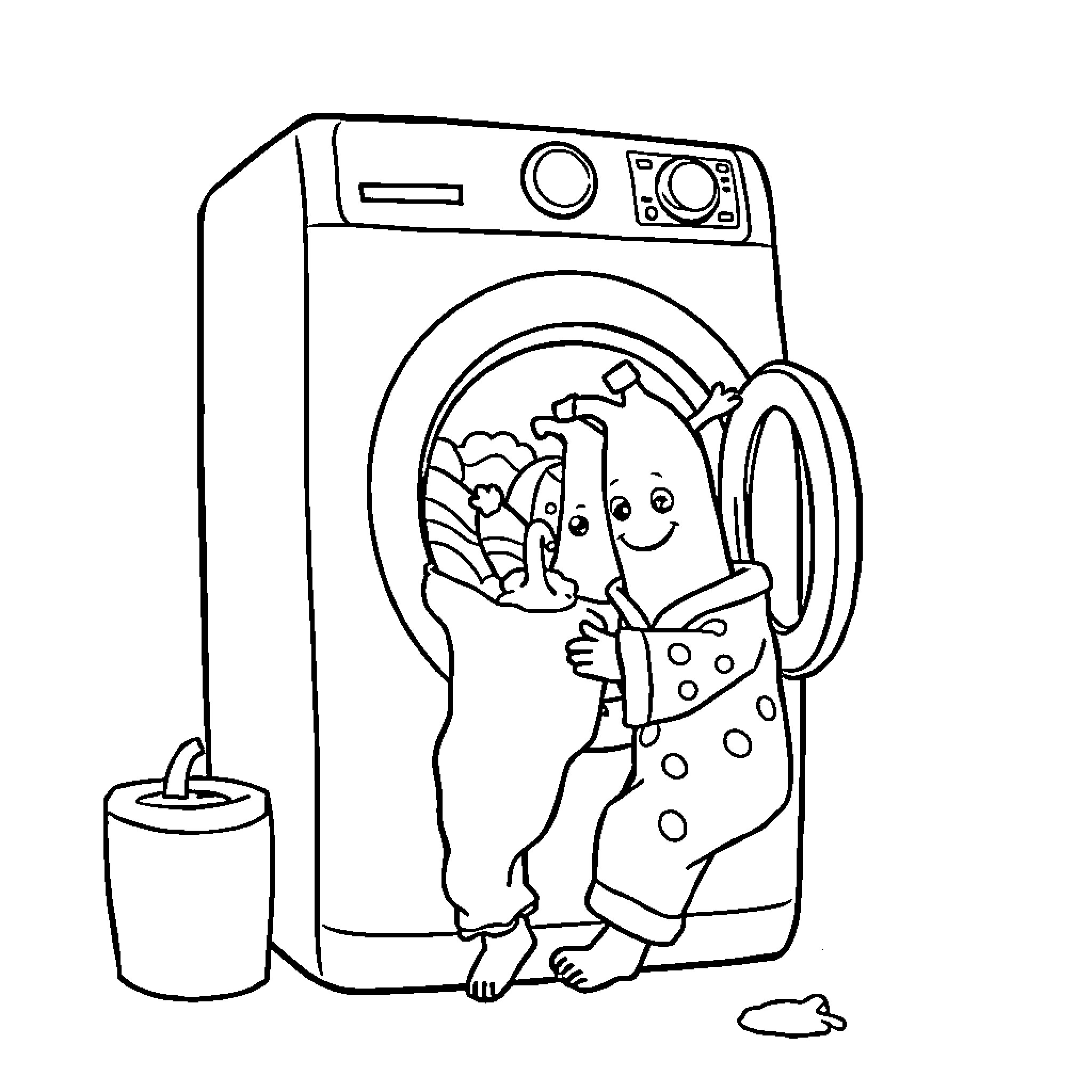 Washing Machine Enjoying the Laundry Cycle Coloring Page (free black-and-white line drawing printable PDF for all, from beginners to advanced learners, including children, teens, adults, and seniors)