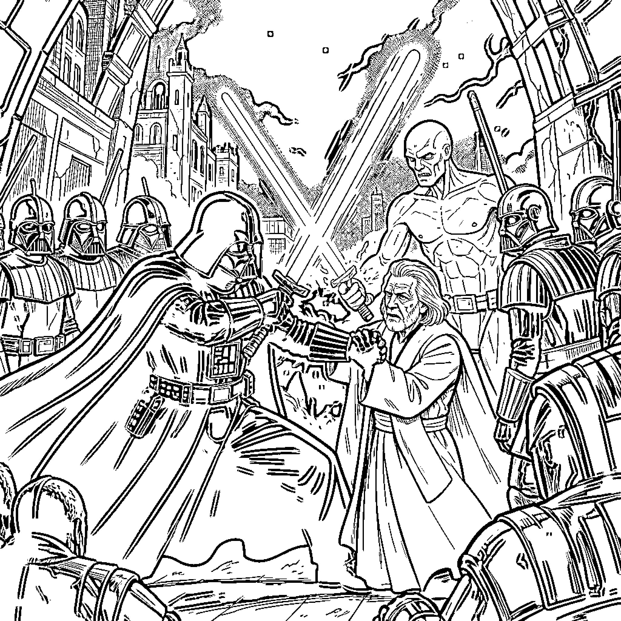 Darth Vader engaging in a lightsaber duel Coloring Page (free black-and-white line drawing printable PDF for all, from beginners to advanced learners, including children, teens, adults, and seniors)