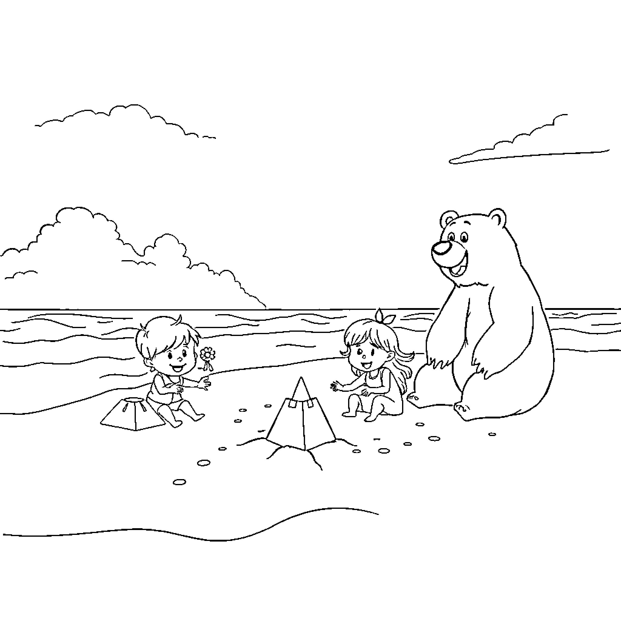 Grizzly Bear Joins Children's Outdoor Adventure Coloring Page (free black-and-white line drawing printable PDF for all, from beginners to advanced learners, including children, teens, adults, and seniors)