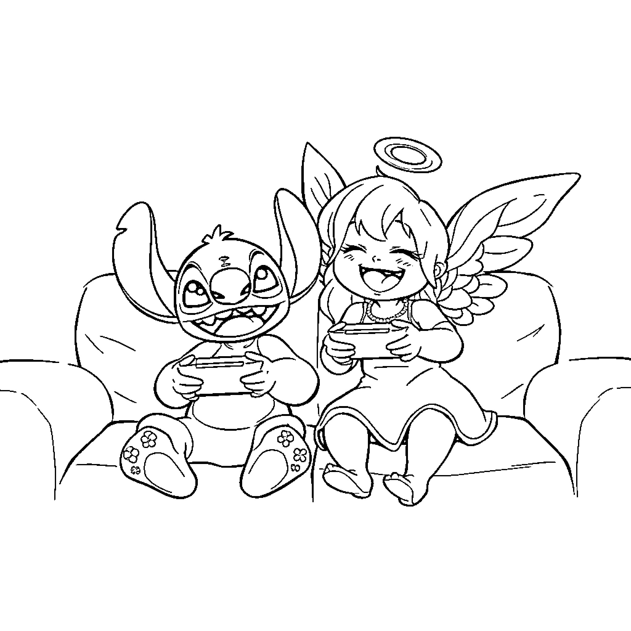 Stitch and Tinkerbell playing together happily Coloring Page (free black-and-white line drawing printable PDF for all, from beginners to advanced learners, including children, teens, adults, and seniors)